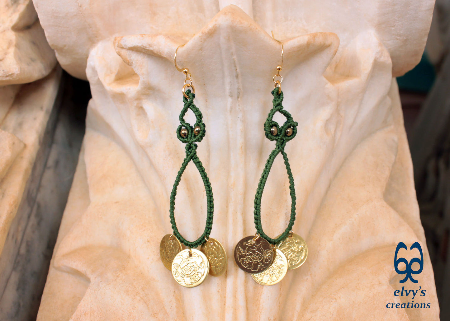 Green Macrame Earrings with Hematite Gemstones Gypsy Earrings with Coins Boho Dangle with Coins, Μακραμέ Σκουλαρίκια με Χρυσά Φλουριά και Κρυστάλλους Αιματίτη