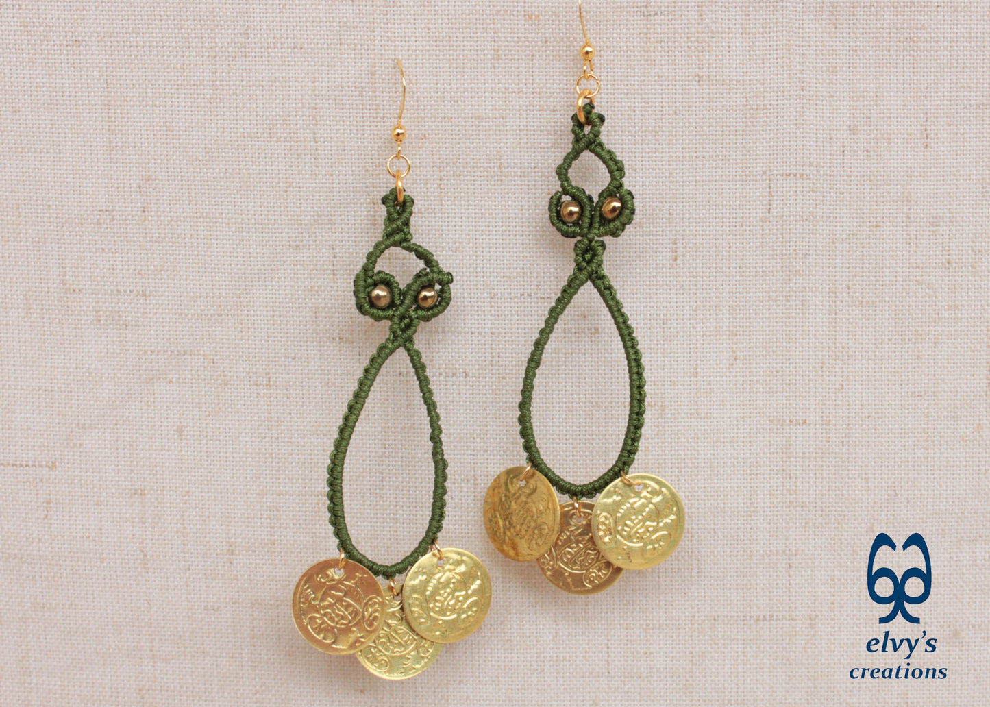 Green Macrame Earrings with Hematite Gemstones Gypsy Earrings with Coins Boho Dangle with Coins, Μακραμέ Σκουλαρίκια με Χρυσά Φλουριά και Κρυστάλλους Αιματίτη