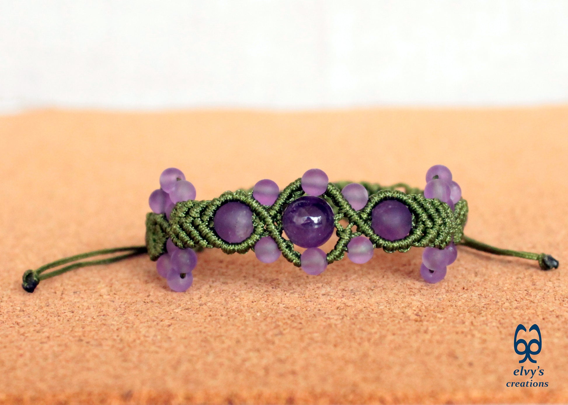 Amethyst Macrame Bracelet, Gemstone Beaded Cuff, Unique Birthday Gift for Women