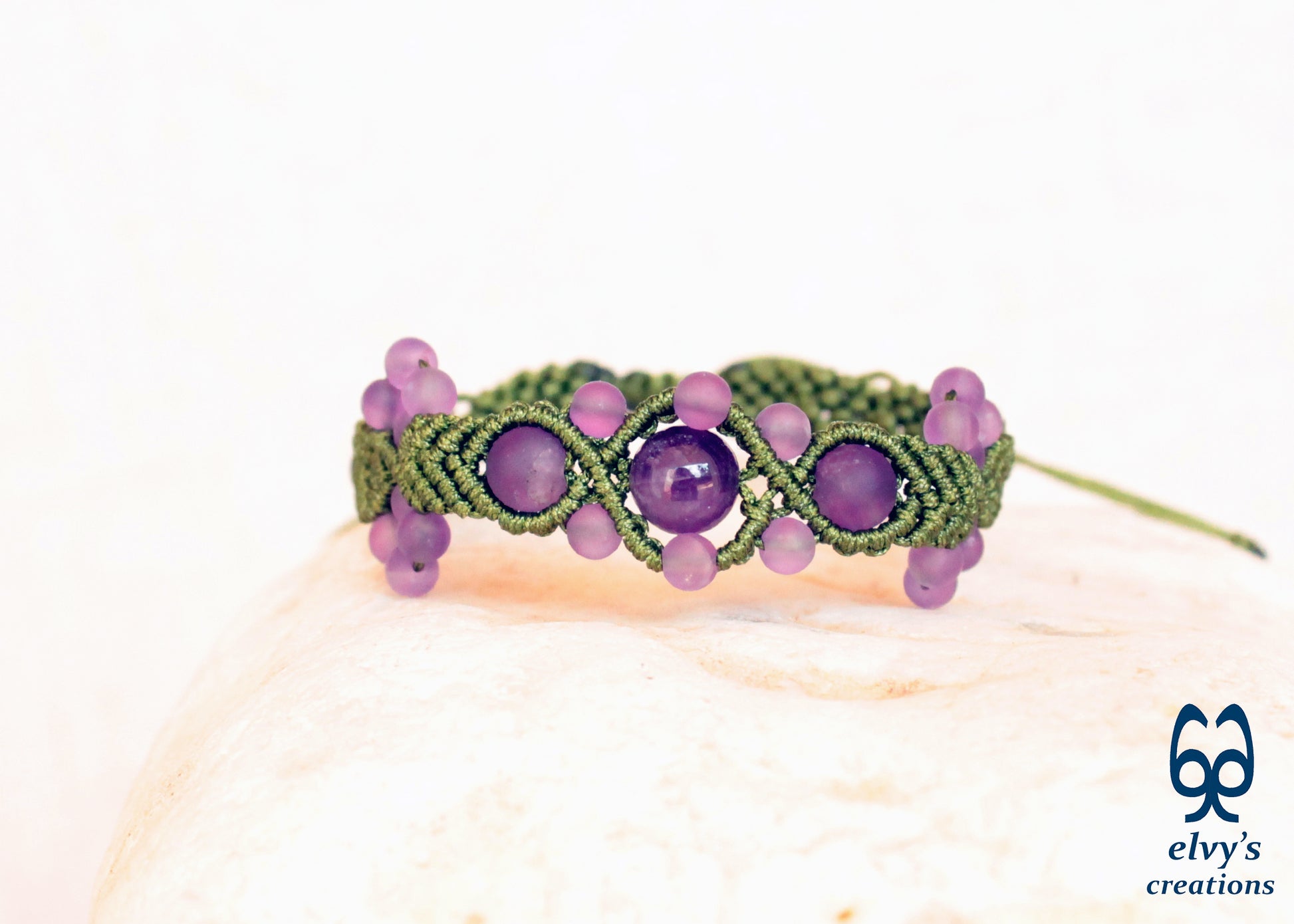 Amethyst Macrame Bracelet, Gemstone Beaded Cuff, Unique Birthday Gift for Women