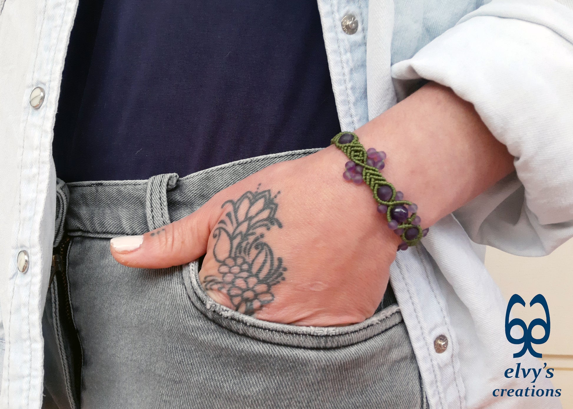 Amethyst Macrame Bracelet, Gemstone Beaded Cuff, Unique Birthday Gift for Women