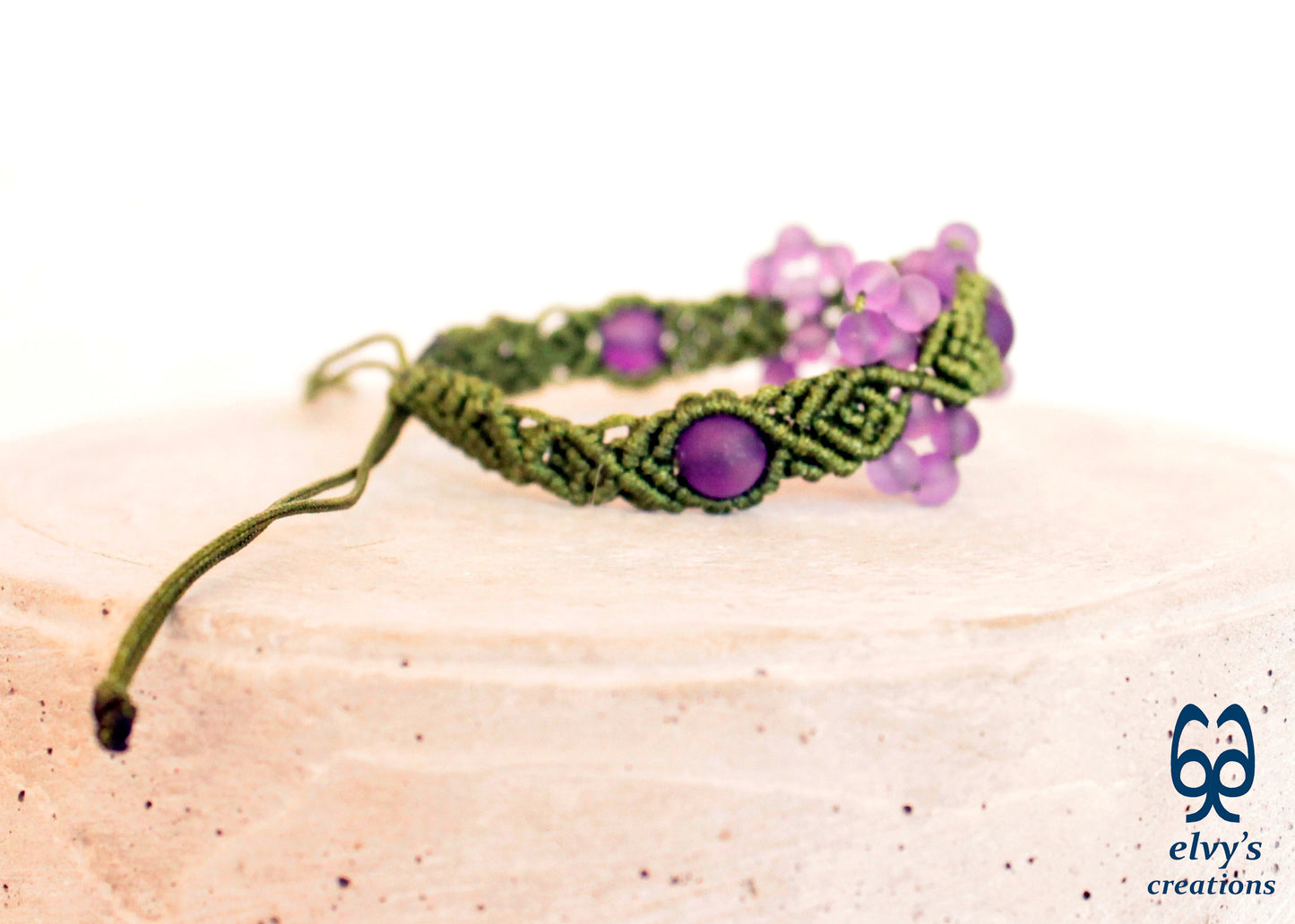 Amethyst Macrame Bracelet, Gemstone Beaded Cuff, Unique Birthday Gift for Women