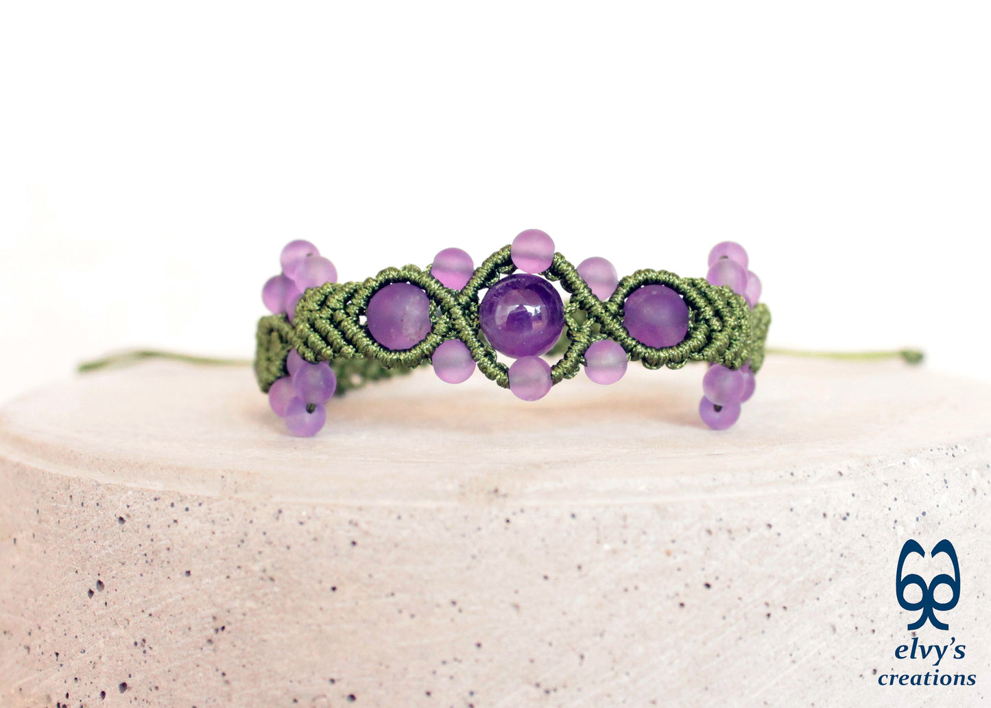 Amethyst Macrame Bracelet, Gemstone Beaded Cuff, Unique Birthday Gift for Women