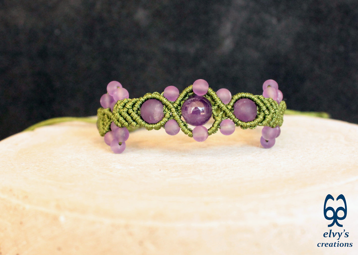 Amethyst Macrame Bracelet, Gemstone Beaded Cuff, Unique Birthday Gift for Women