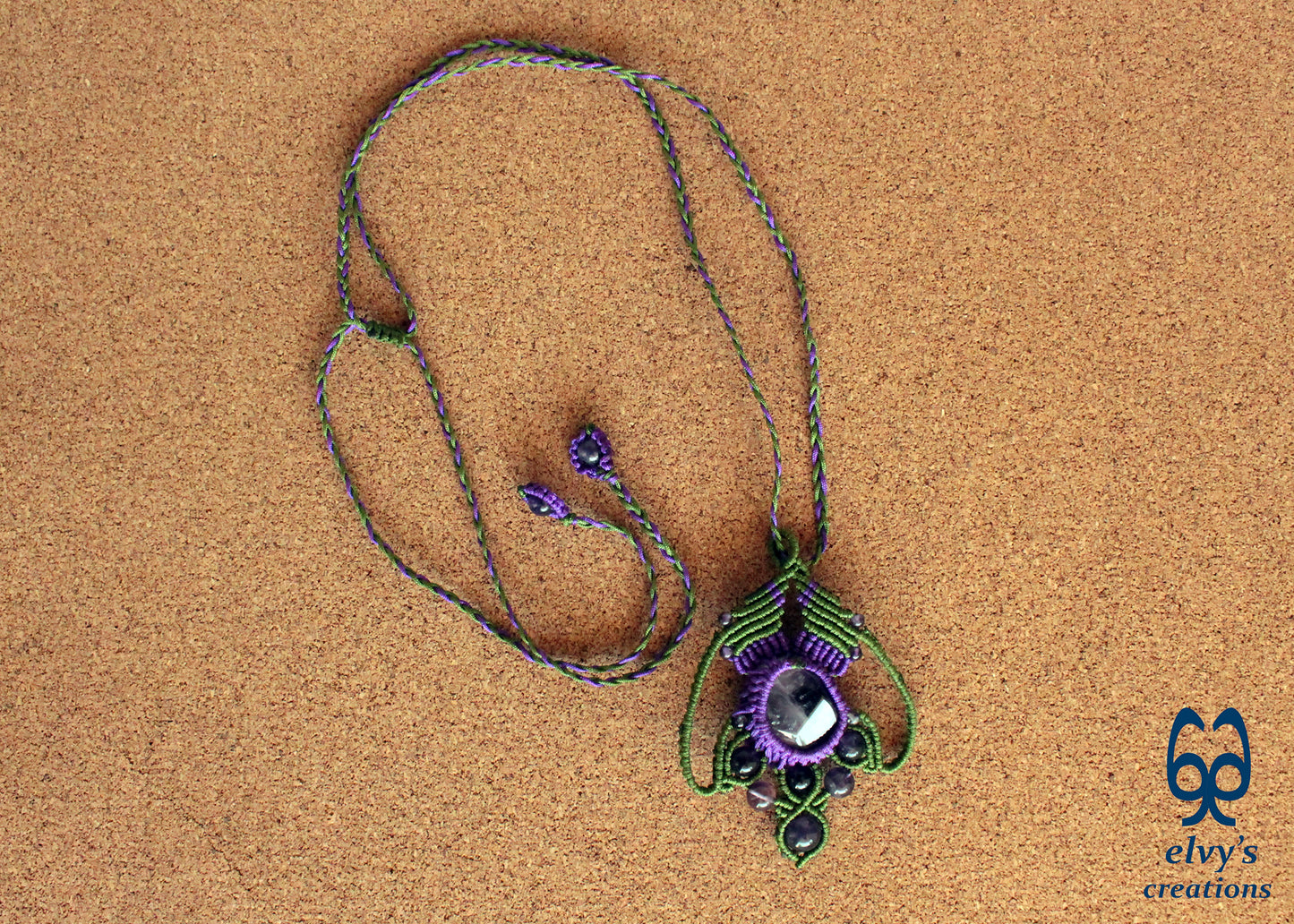 Green and Purple Necklace with Amethyst Gemstones Handmade Macrame Pendant with Natural Gemstone Beads