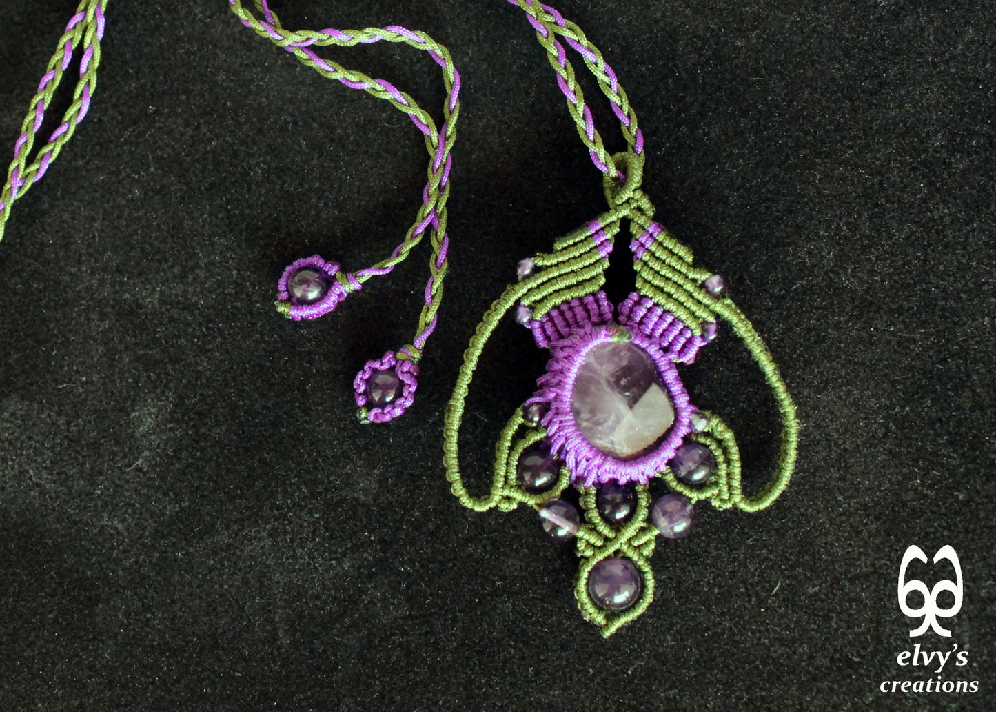 Green and Purple Necklace with Amethyst Gemstones Handmade Macrame Pendant with Natural Gemstone Beads