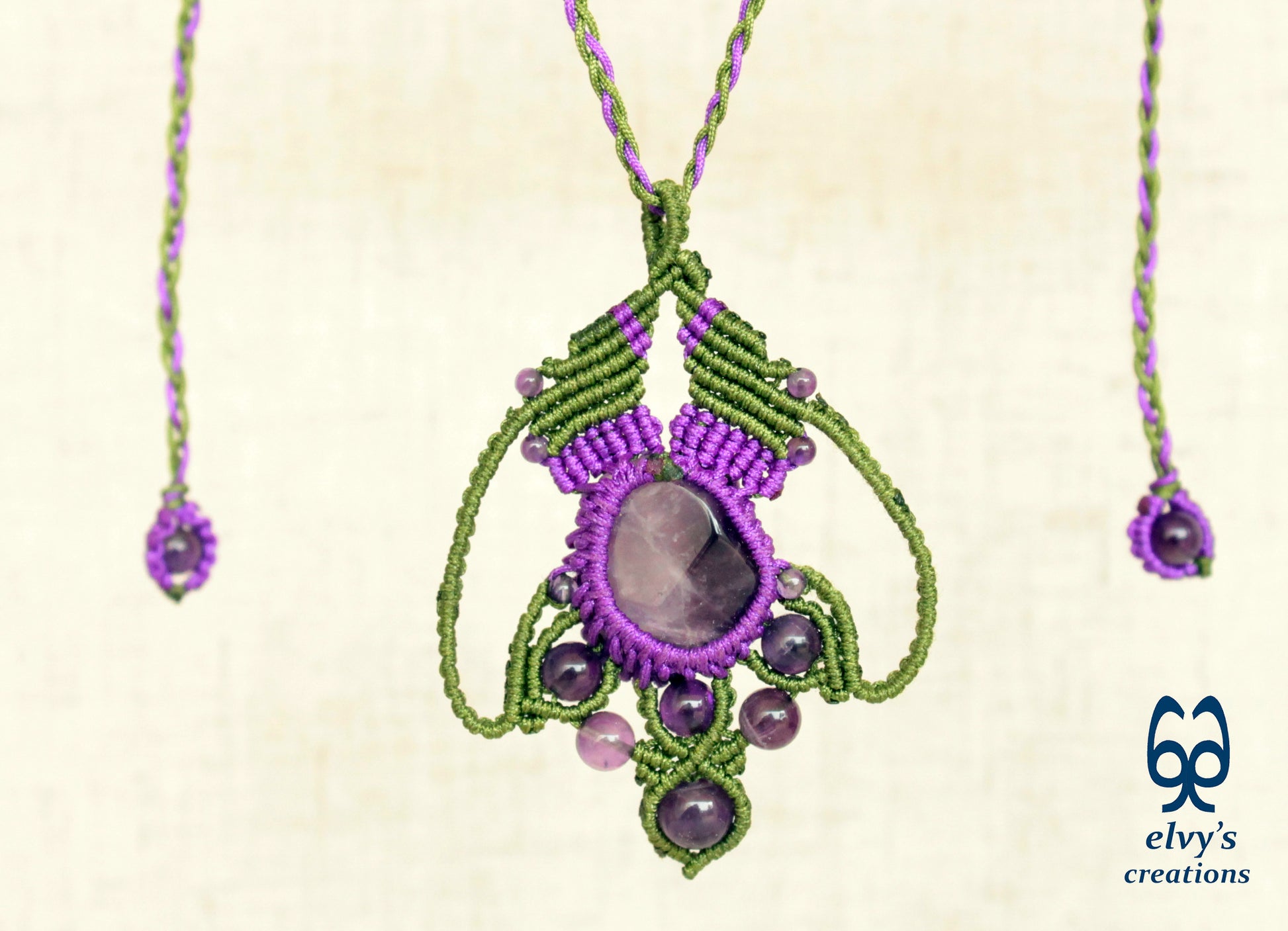 Green and Purple Necklace with Amethyst Gemstones Handmade Macrame Pendant with Natural Gemstone Beads