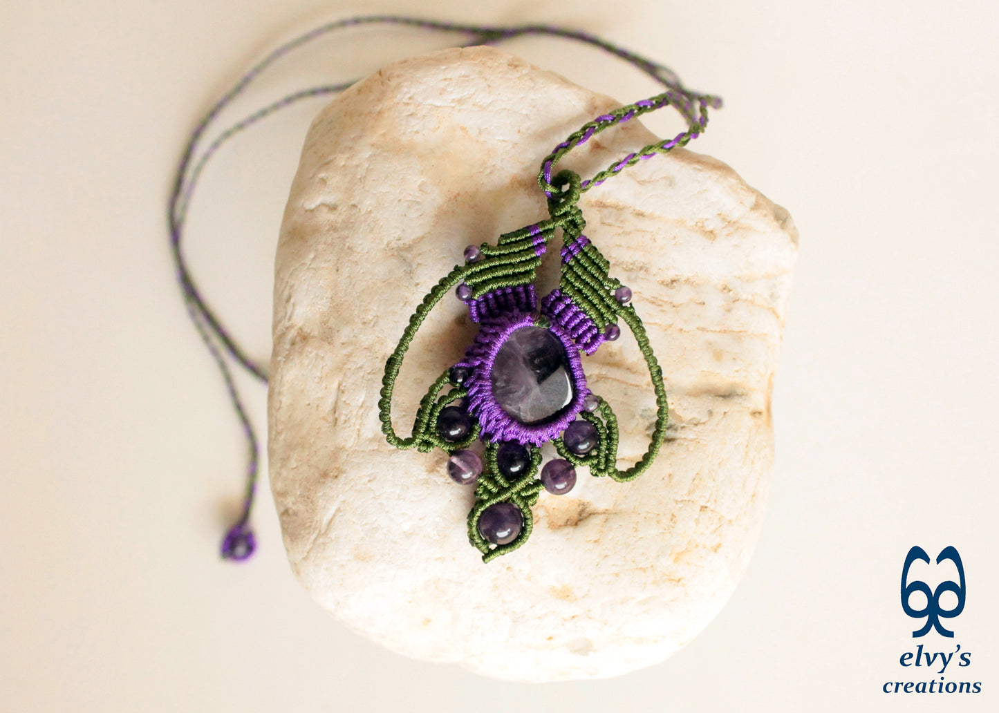 Green and Purple Necklace with Amethyst Gemstones Handmade Macrame Pendant with Natural Gemstone Beads