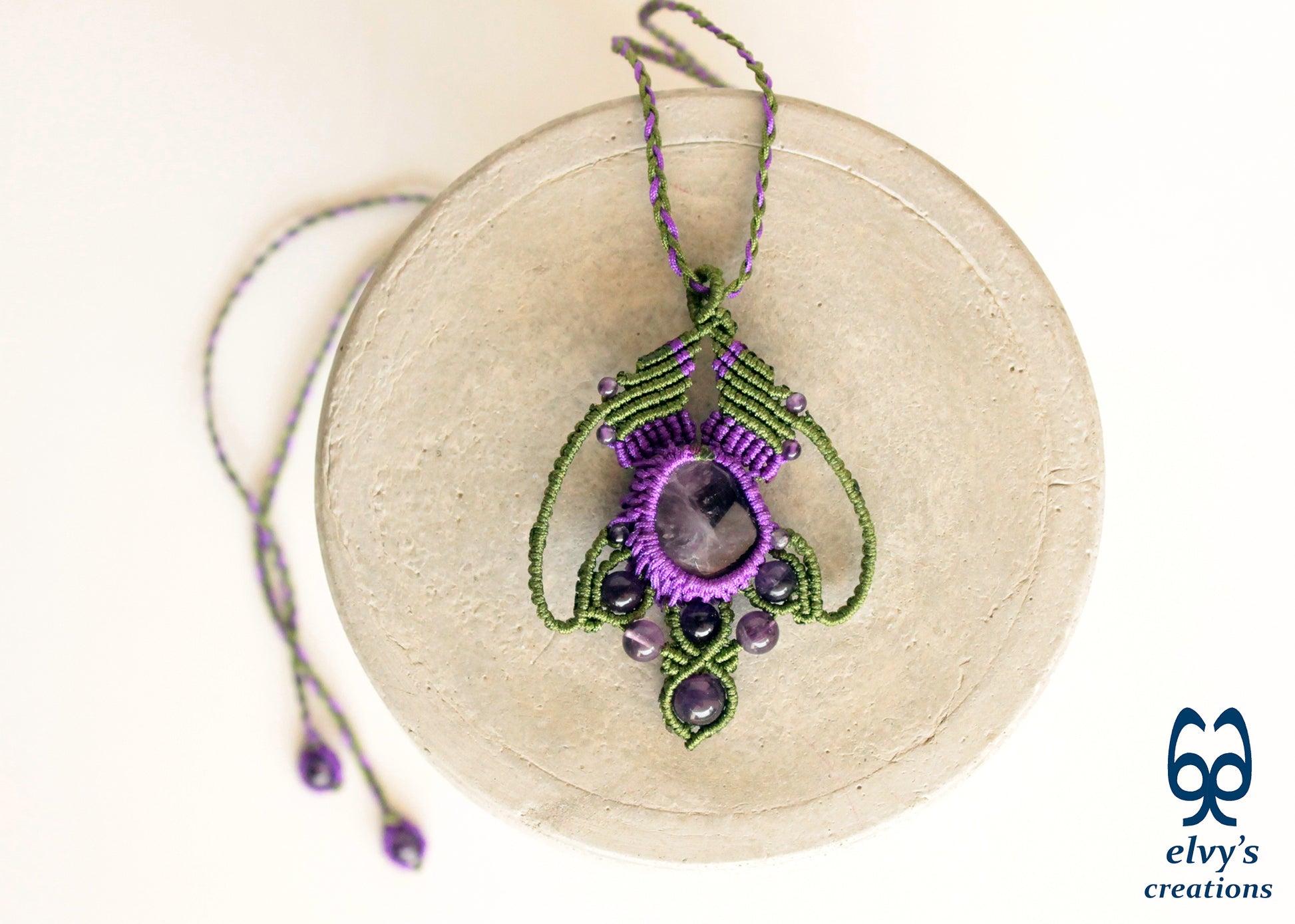 Green and Purple Necklace with Amethyst Gemstones Handmade Macrame Pendant with Natural Gemstone Beads