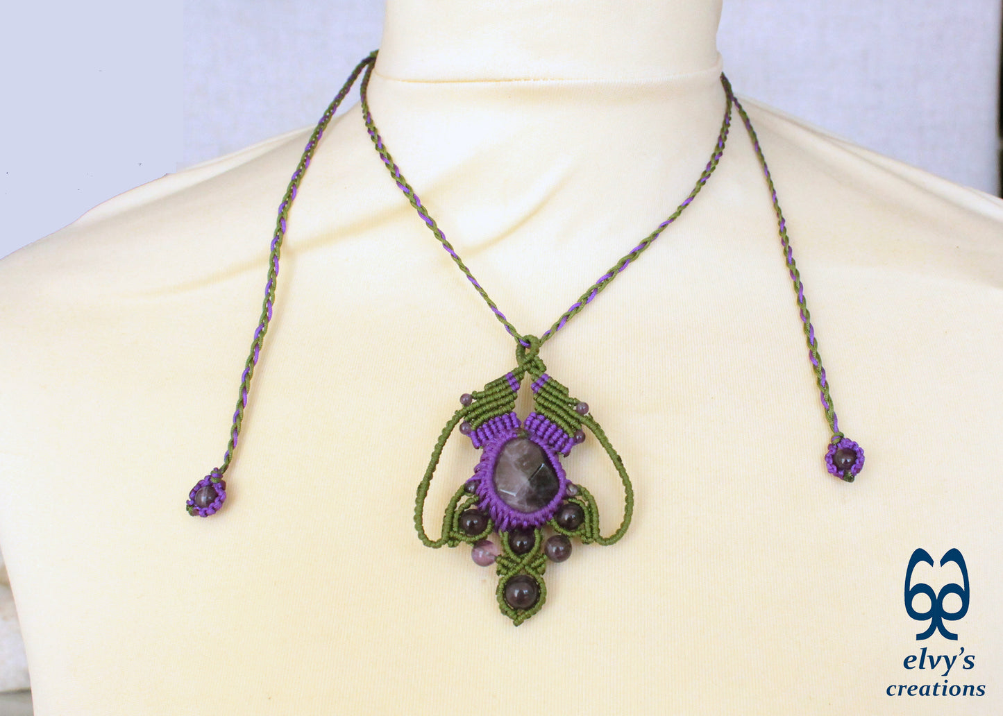 Green and Purple Necklace with Amethyst Gemstones Handmade Macrame Pendant with Natural Gemstone Beads