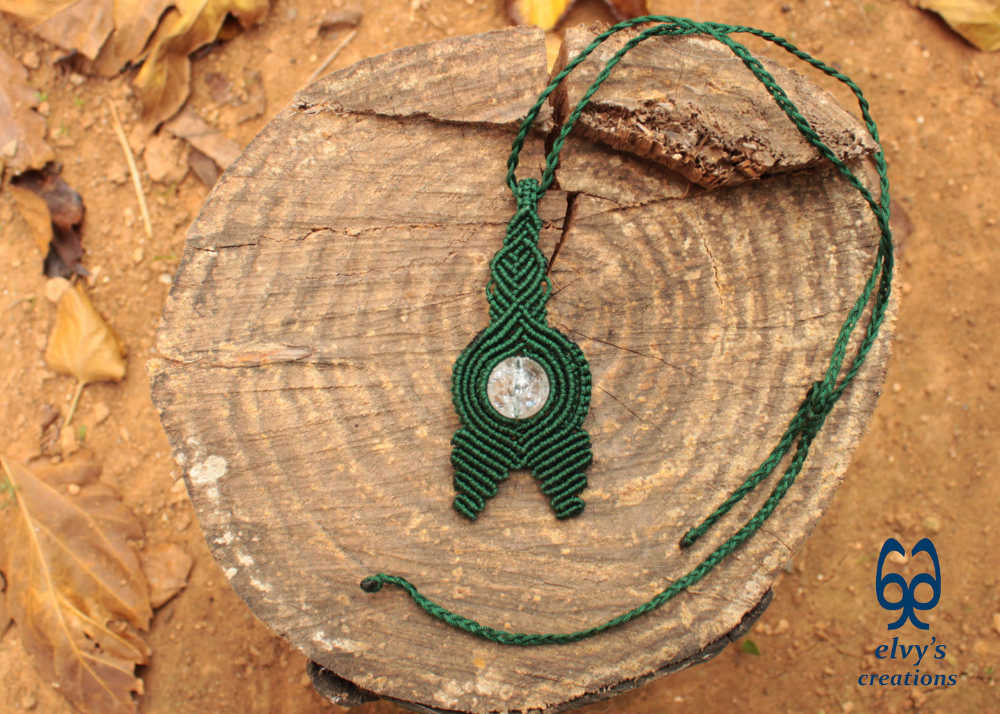 Handmade Green Macrame Necklace with Crystal Quartz Gemstones Crystal Necklace Pendant