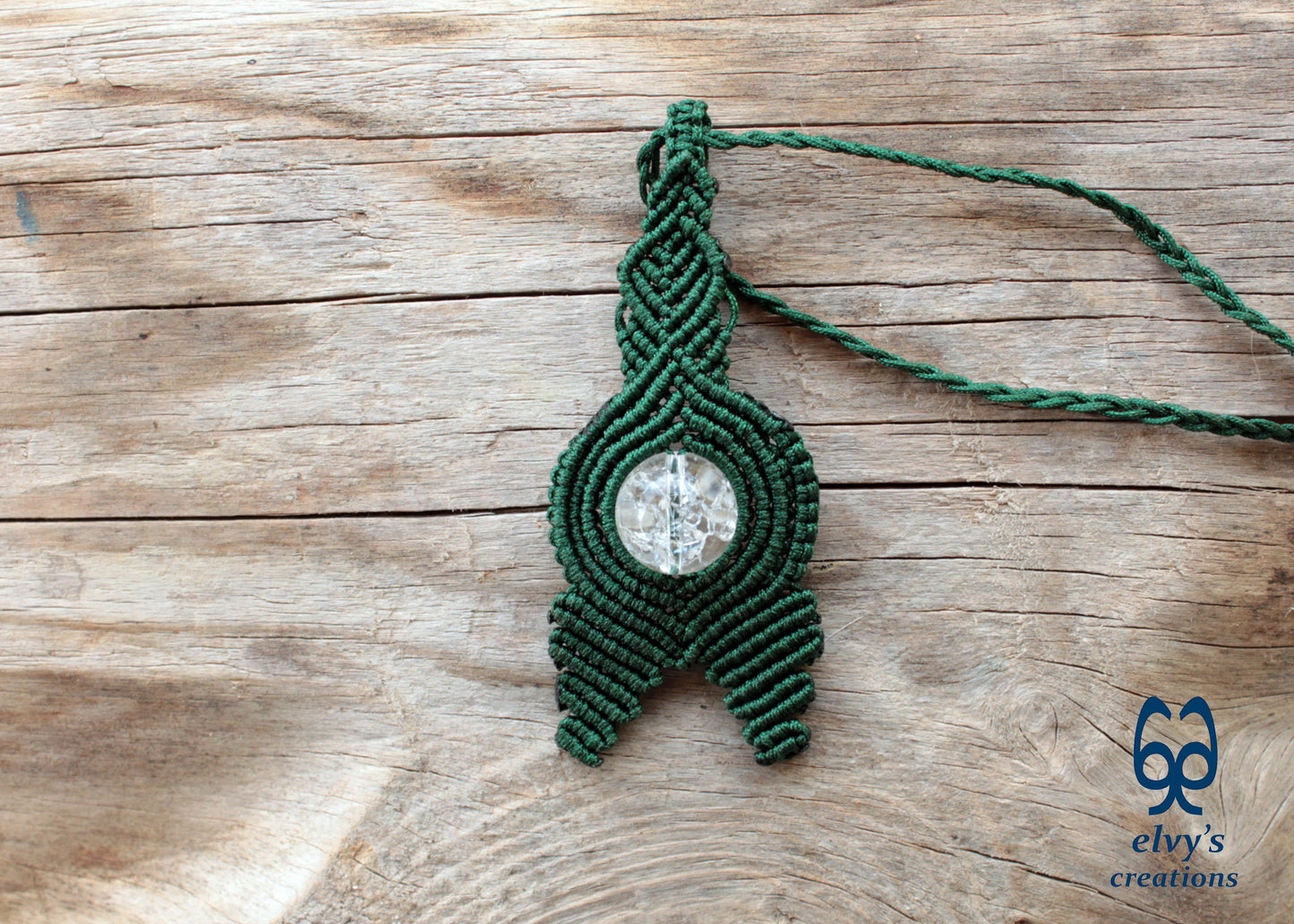 Handmade Green Macrame Necklace with Crystal Quartz Gemstones Crystal Necklace Pendant