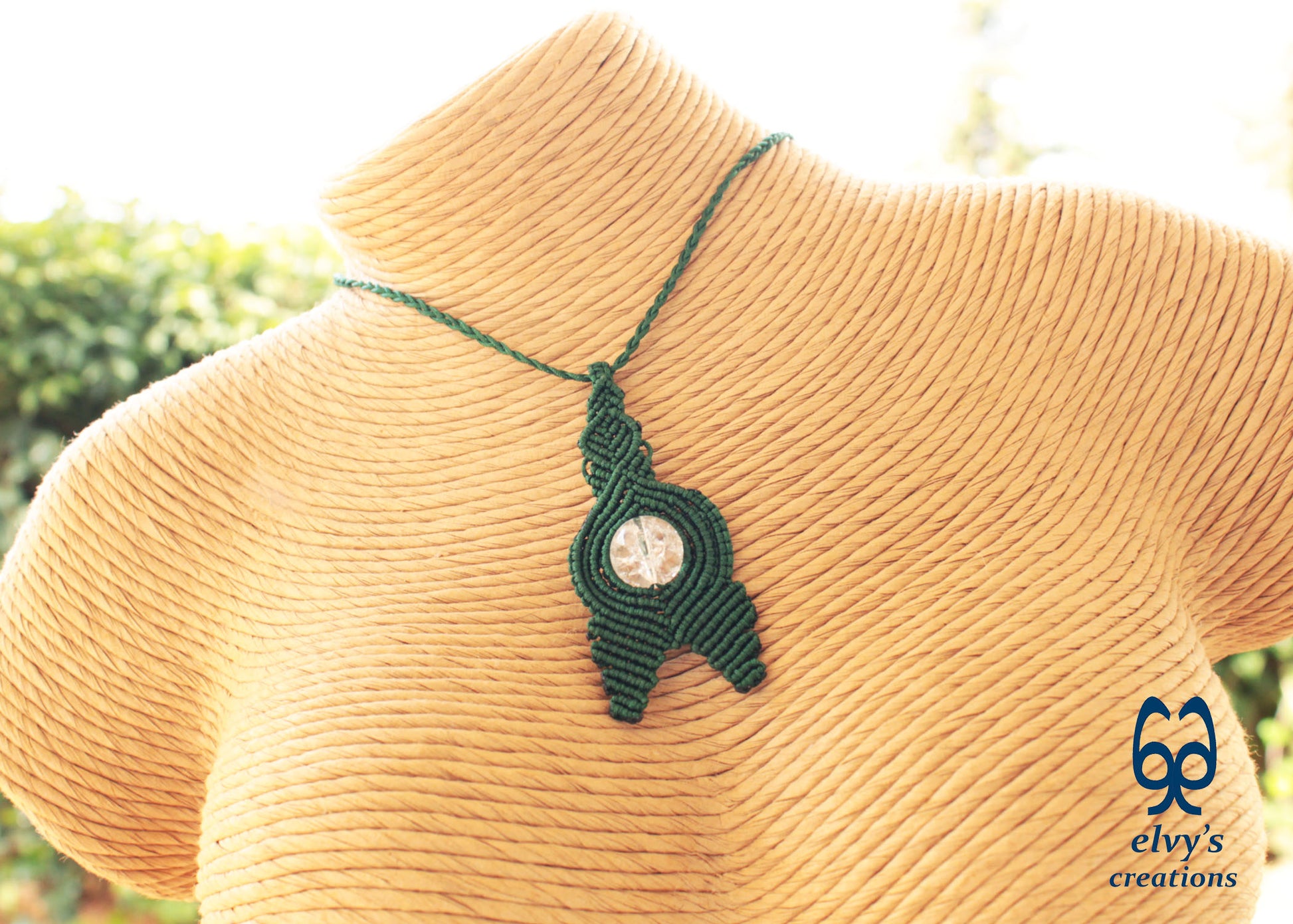 Handmade Green Macrame Necklace with Crystal Quartz Gemstones Crystal Necklace Pendant