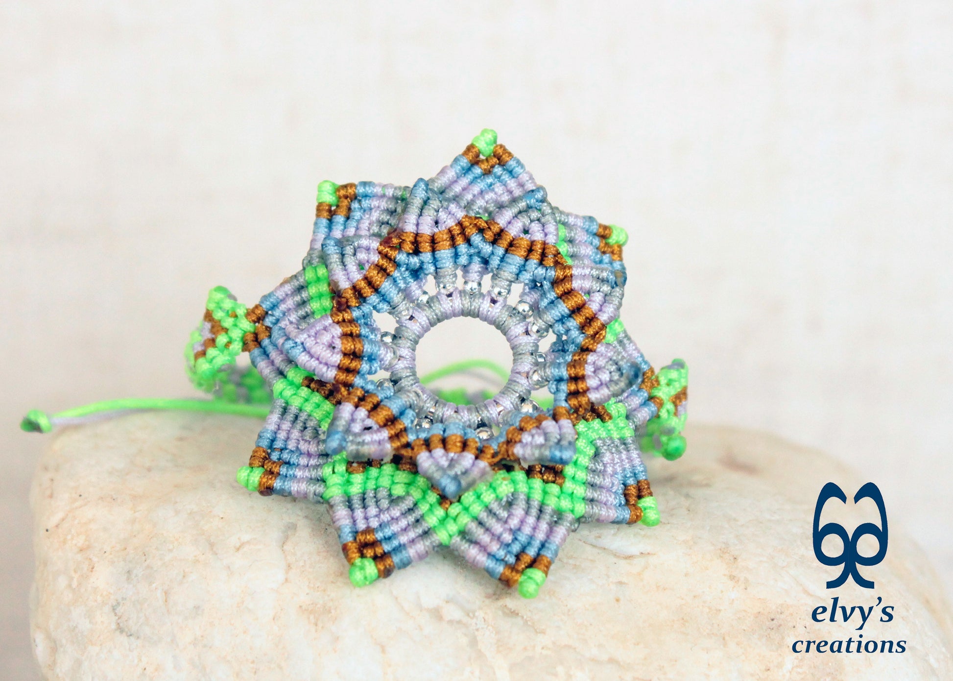 Handmade Macrame Bracelet, Gemstone Beaded Mandala Flower, Unique Birthday Gift for Women