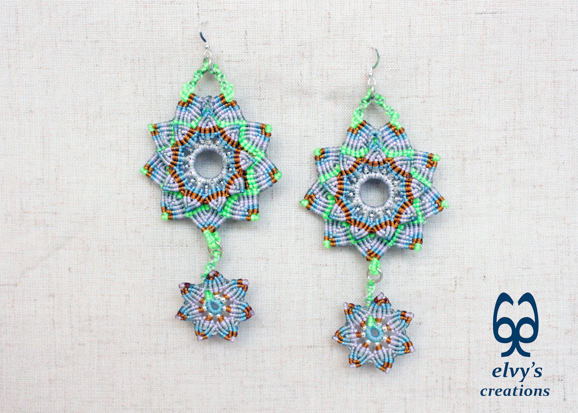 Mandala Flower Macrame Earrings, Silver Beaded Gemstone Earrings, Gift for Women