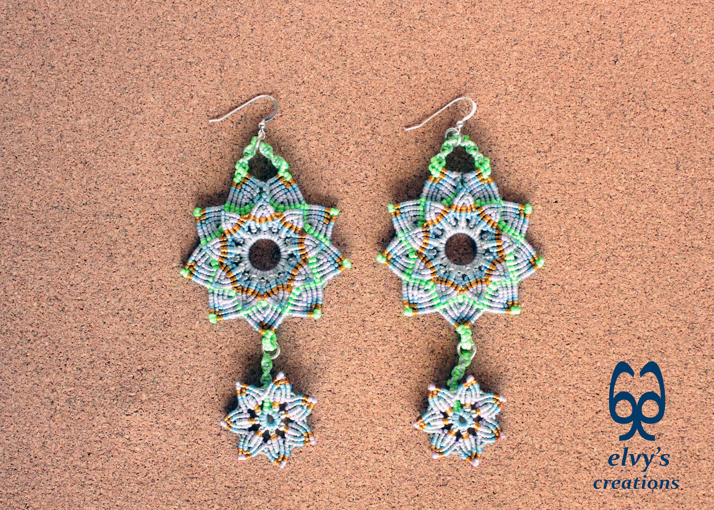 Mandala Flower Macrame Earrings, Silver Beaded Gemstone Earrings, Gift for Women