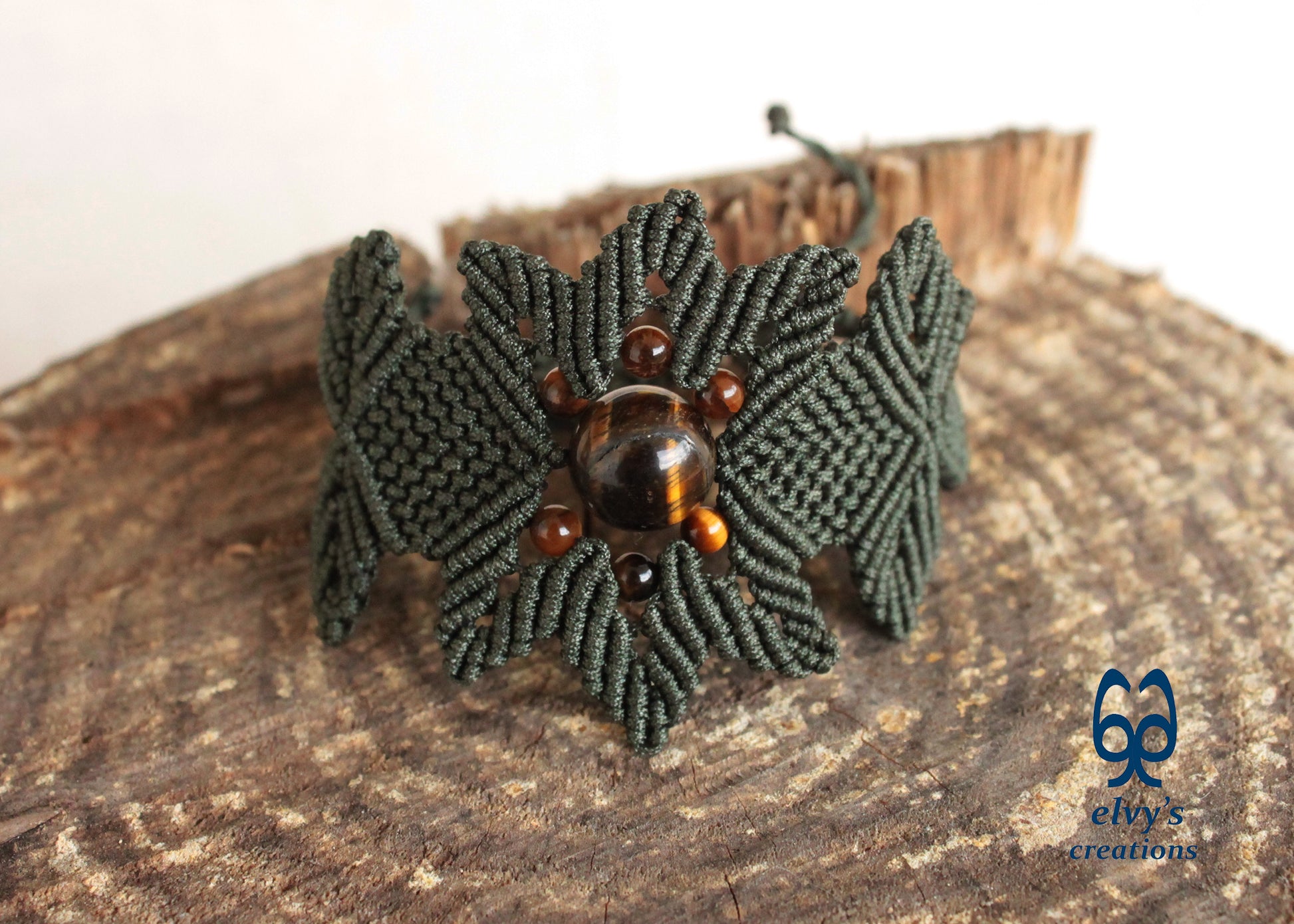 Green Macrame Bracelet Tiger's Eye Gemstones Adjustable Lace Bracelet Birthday Gift for Women