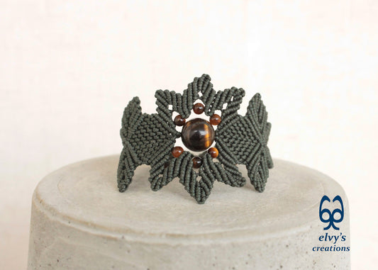 Green Macrame Bracelet Tiger's Eye Gemstones Adjustable Lace Bracelet Birthday Gift for Women