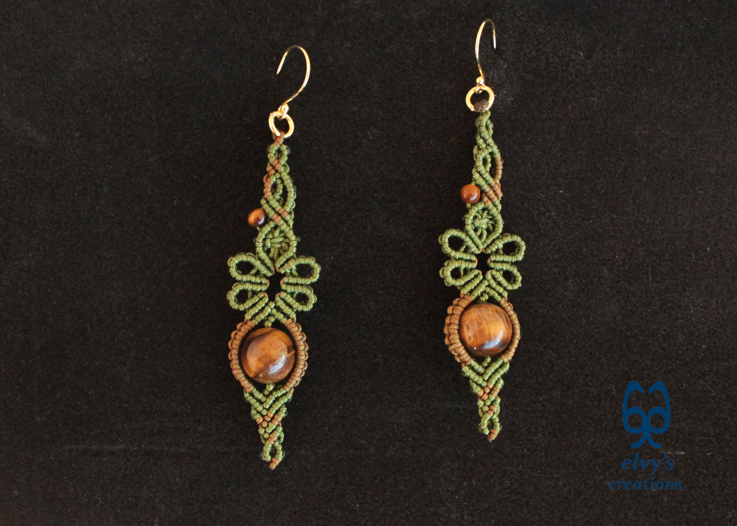 Green Macrame Earrings Gold Tiger Eye Gemstones Flower Dangle Lace Earrings Gift For Women