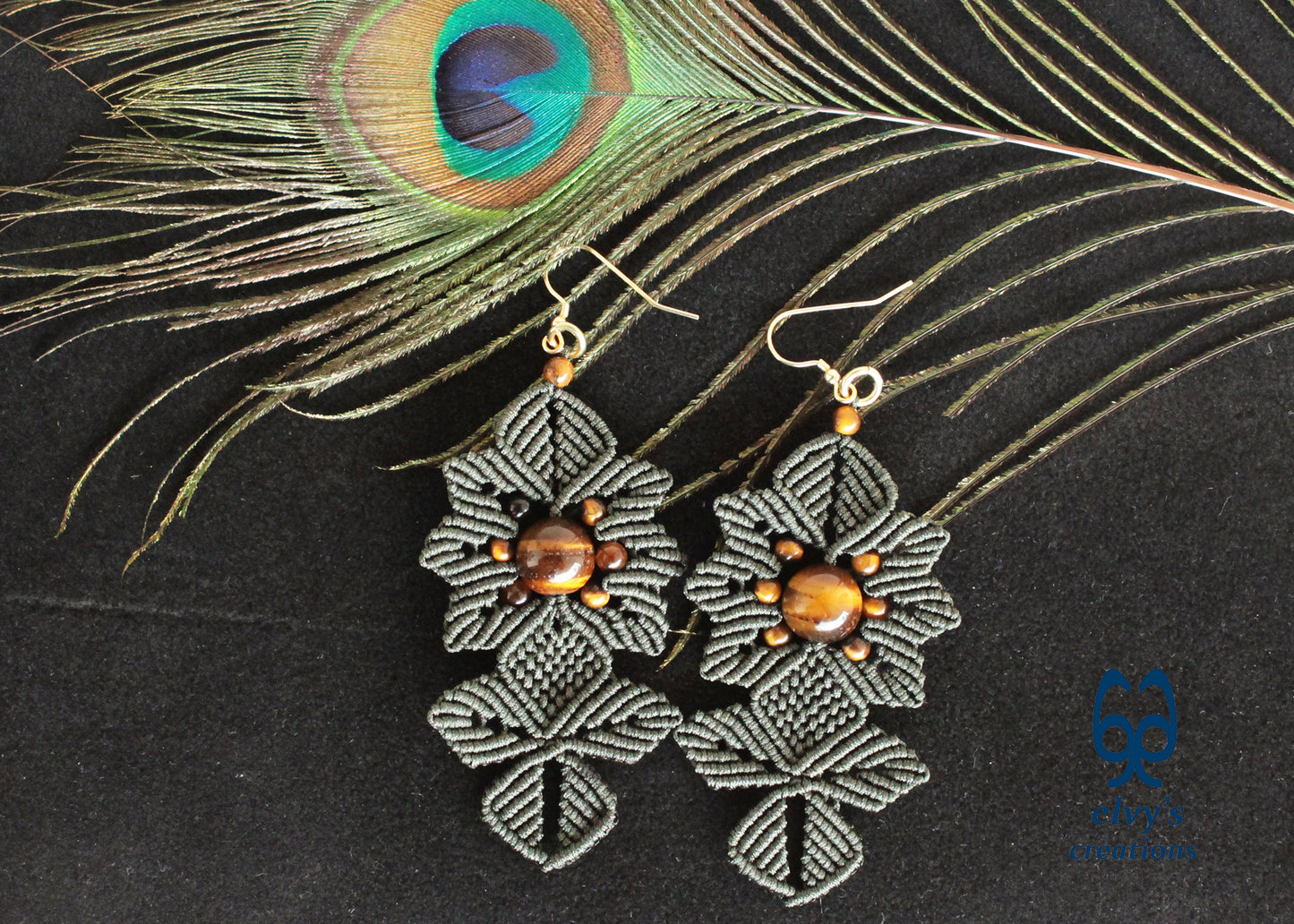 Green Macrame Earrings Tiger's Eye Gemstones Dangle Flower Earrings Green Lace Earrings Birthday Gift for Women