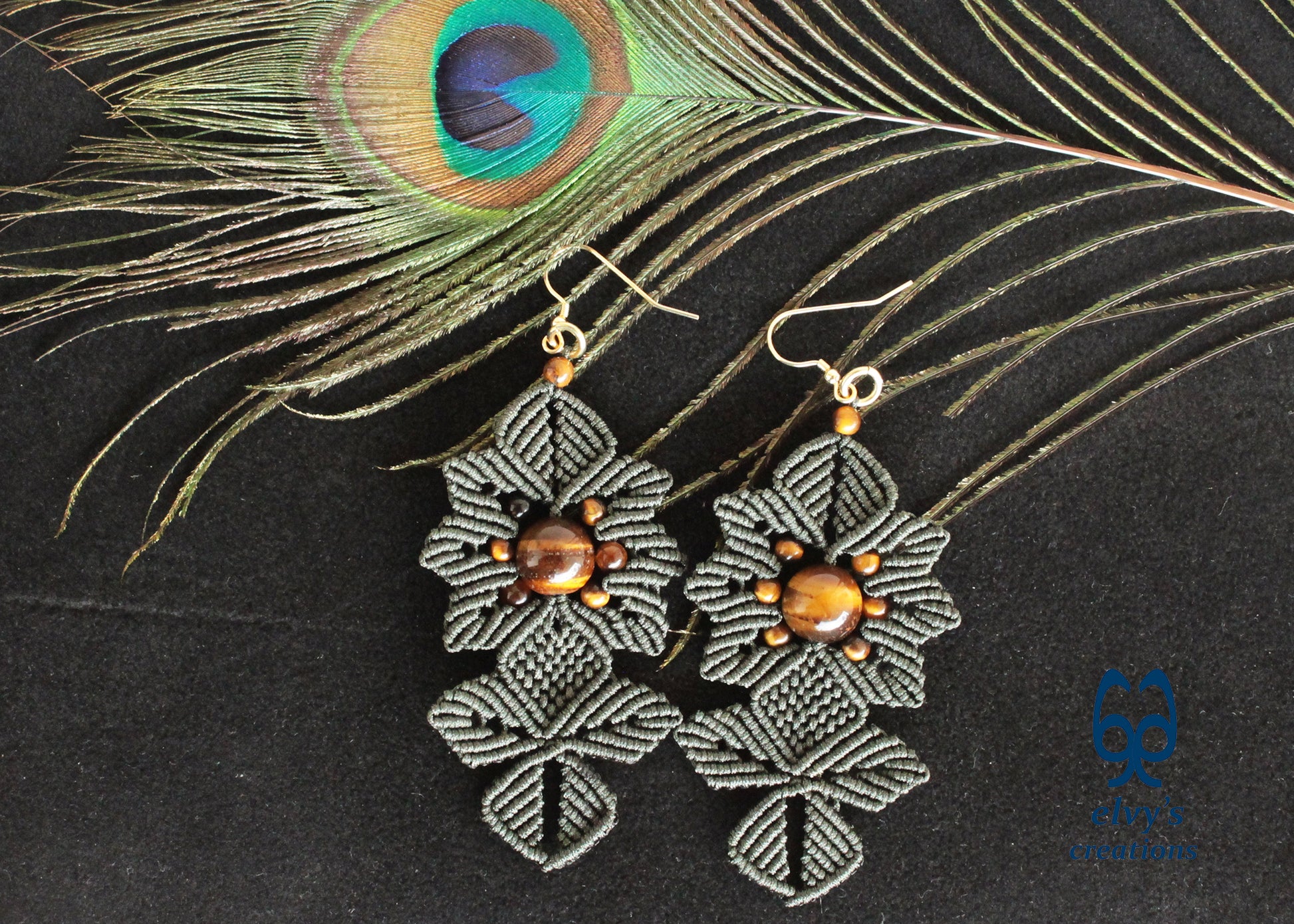 Green Macrame Earrings Tiger's Eye Gemstones Dangle Flower Earrings Green Lace Earrings Birthday Gift for Women