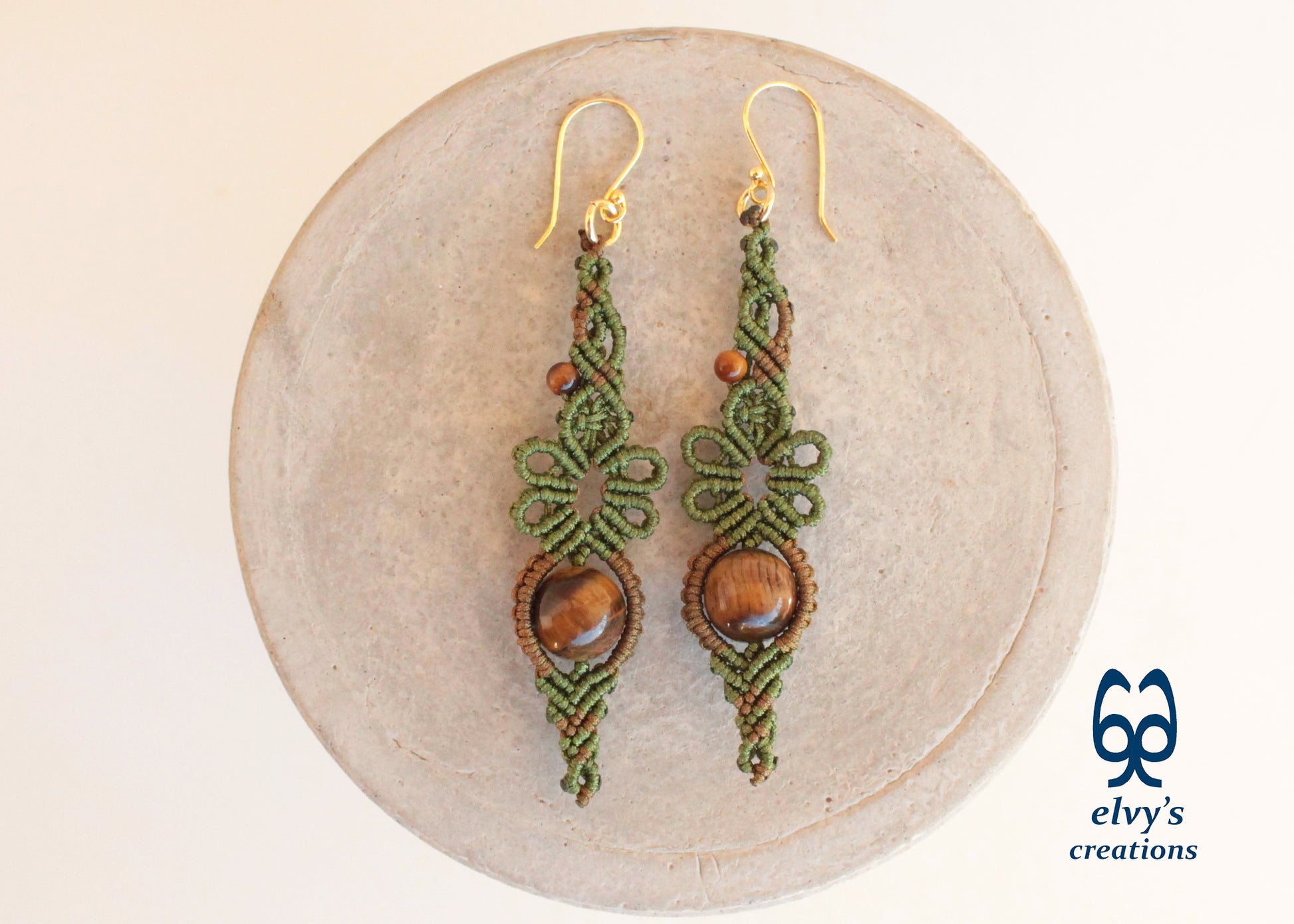 Green Macrame Earrings Gold Tiger Eye Gemstones Flower Dangle Lace Earrings Gift For Women