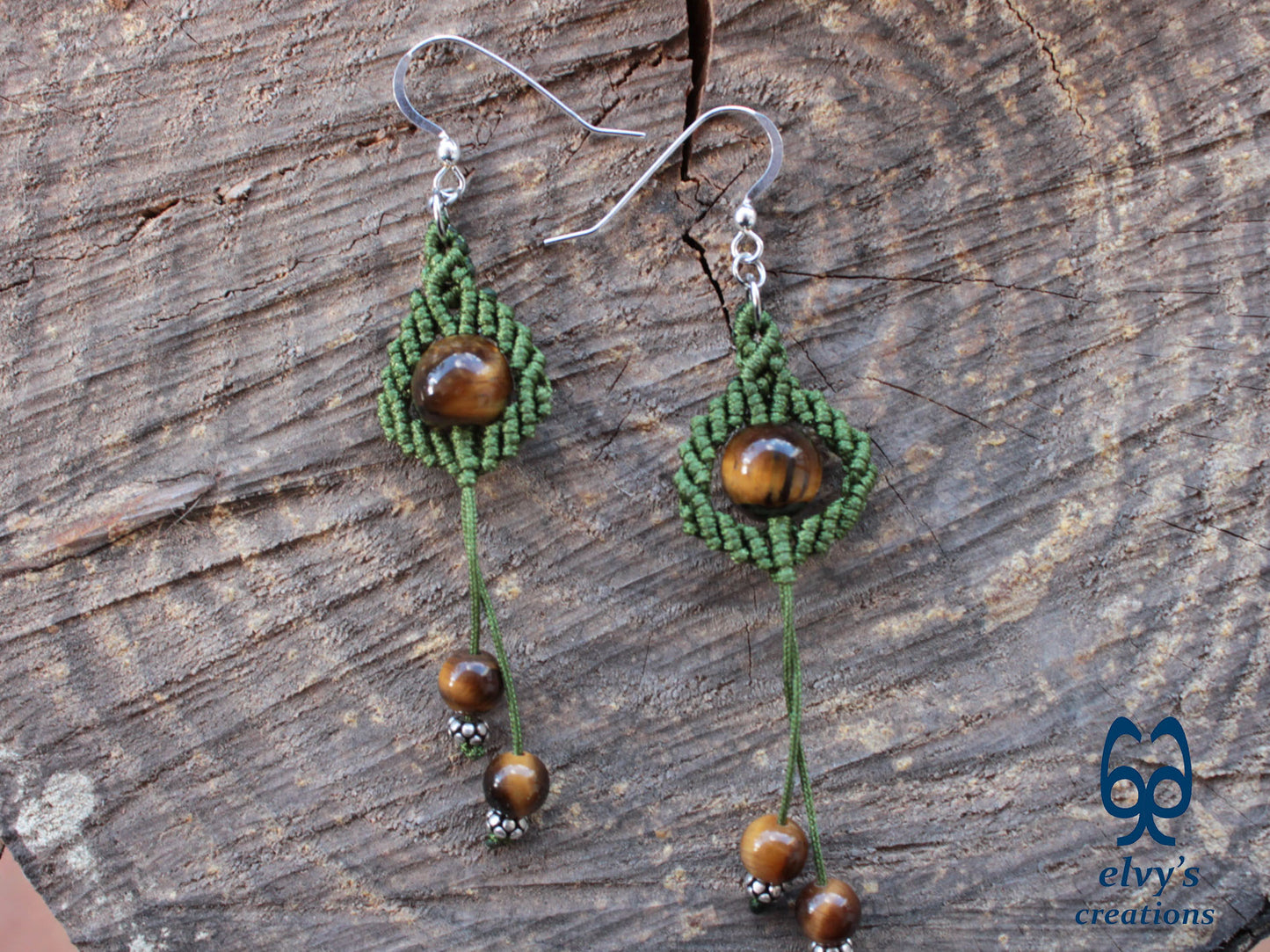 Handmade Green Macrame Earrings with Long Dangle Tiger Eye Gemstones