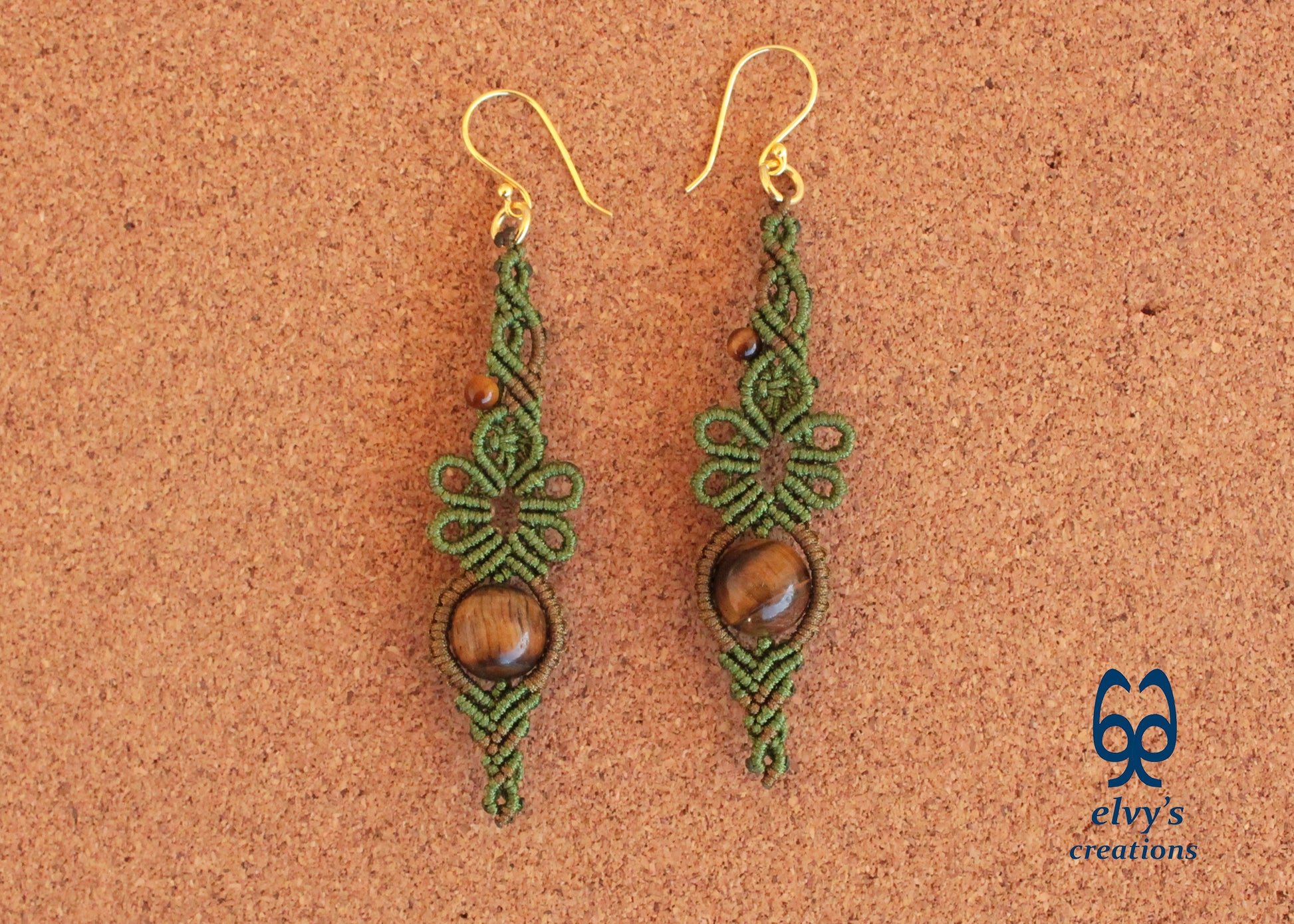 Green Macrame Earrings Gold Tiger Eye Gemstones Flower Dangle Lace Earrings Gift For Women