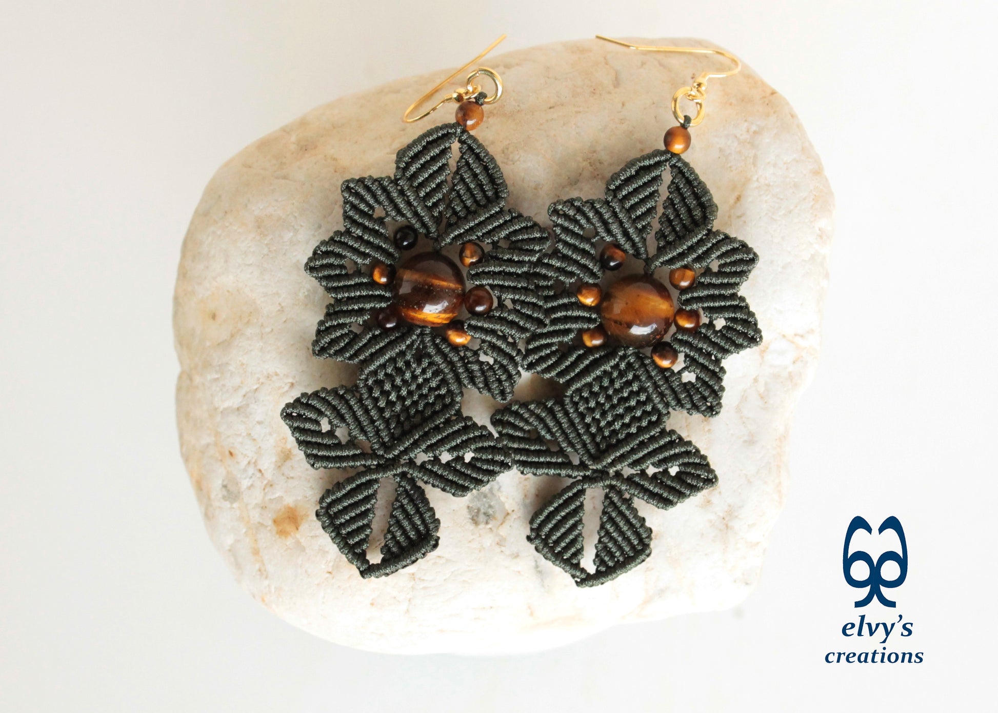 Green Macrame Earrings Tiger's Eye Gemstones Dangle Flower Earrings Green Lace Earrings Birthday Gift for Women