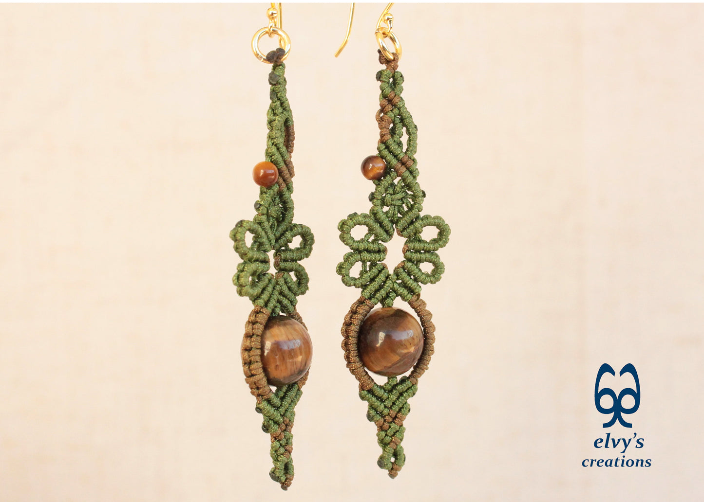 Green Macrame Earrings Gold Tiger Eye Gemstones Flower Dangle Lace Earrings Gift For Women