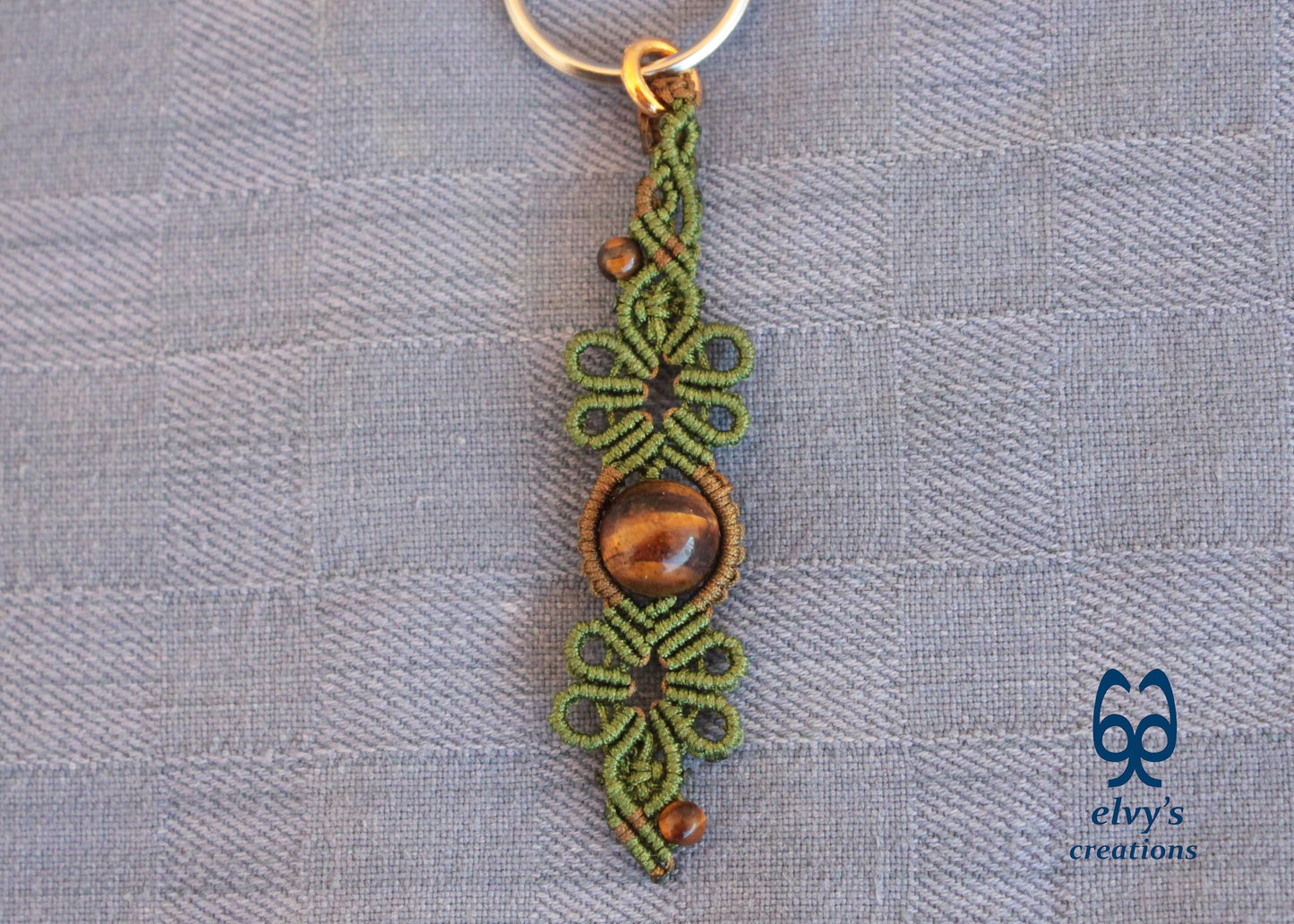 Green and Gold Macramé Key Chain with Tiger Eye Gemstone