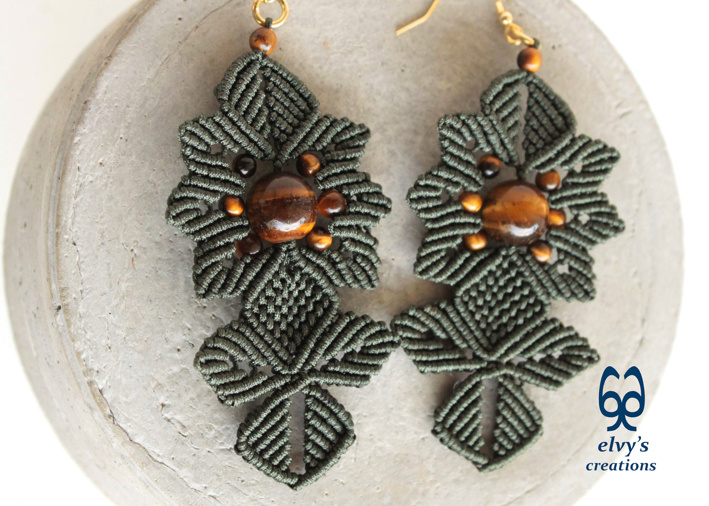 Green Macrame Earrings Tiger's Eye Gemstones Dangle Flower Earrings Green Lace Earrings Birthday Gift for Women