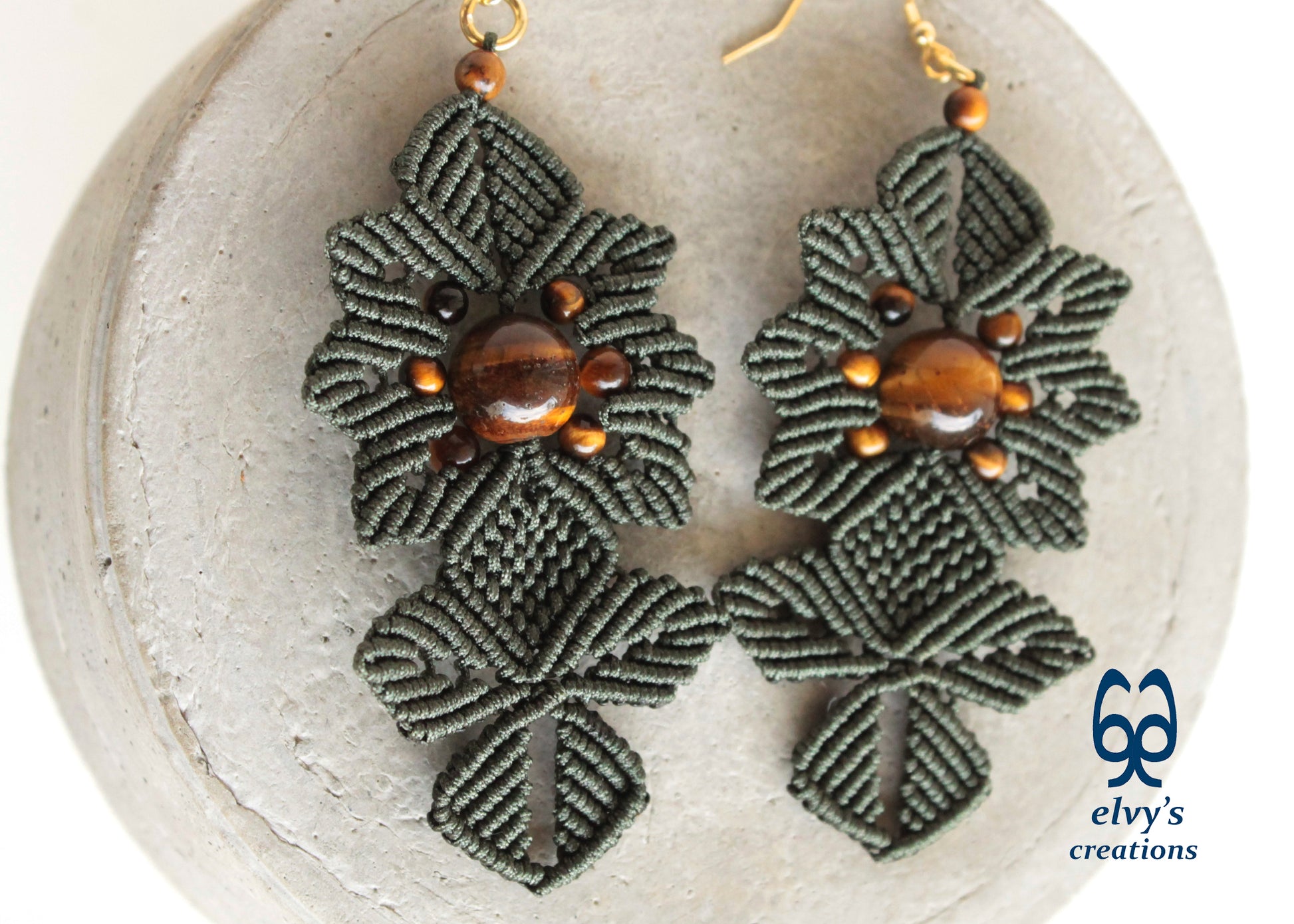 Green Macrame Earrings Tiger's Eye Gemstones Dangle Flower Earrings Green Lace Earrings Birthday Gift for Women