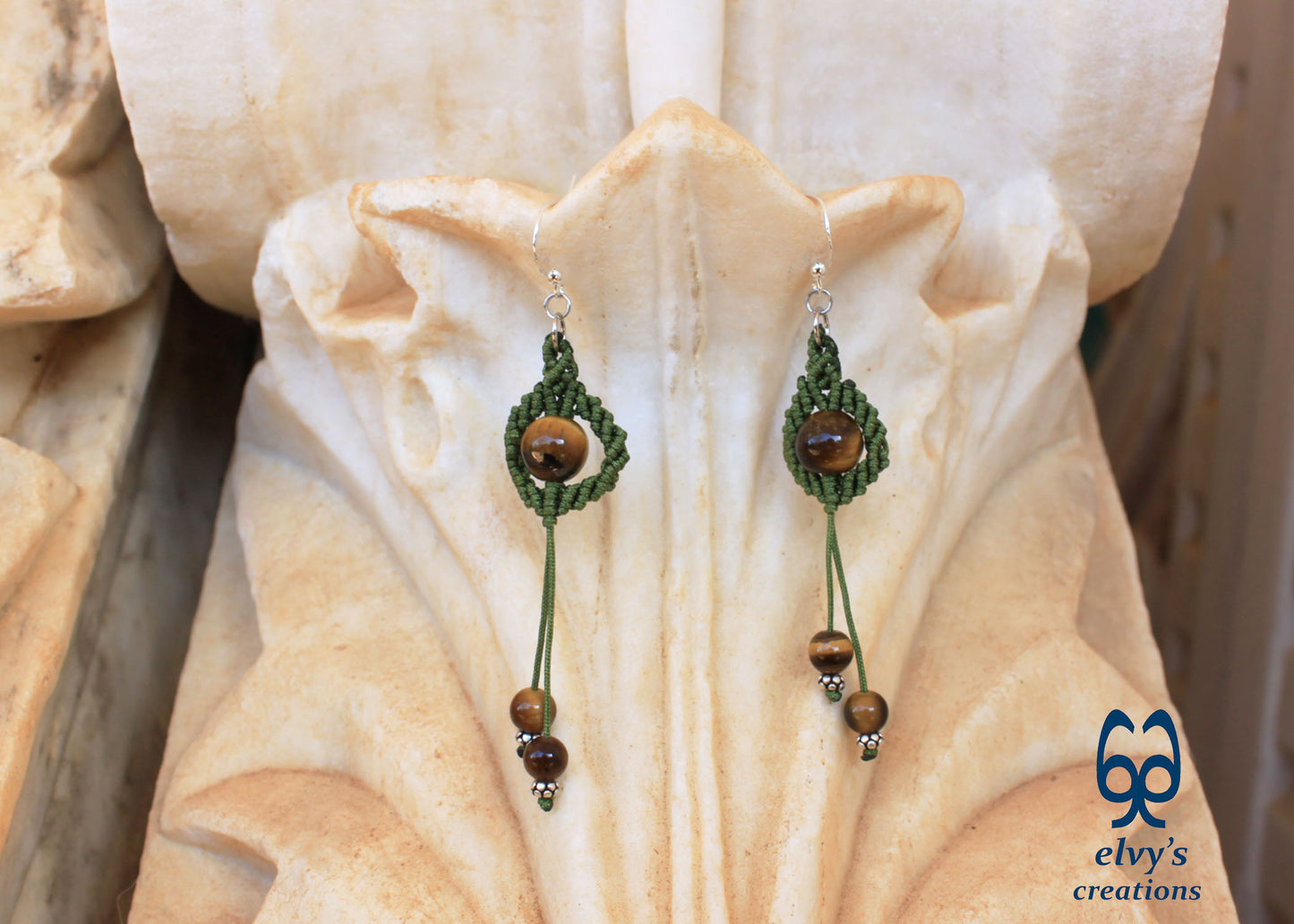 Handmade Green Macrame Earrings with Long Dangle Tiger Eye Gemstones