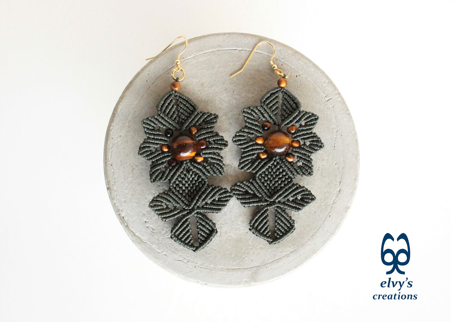 Green Macrame Earrings Tiger's Eye Gemstones Dangle Flower Earrings Green Lace Earrings Birthday Gift for Women