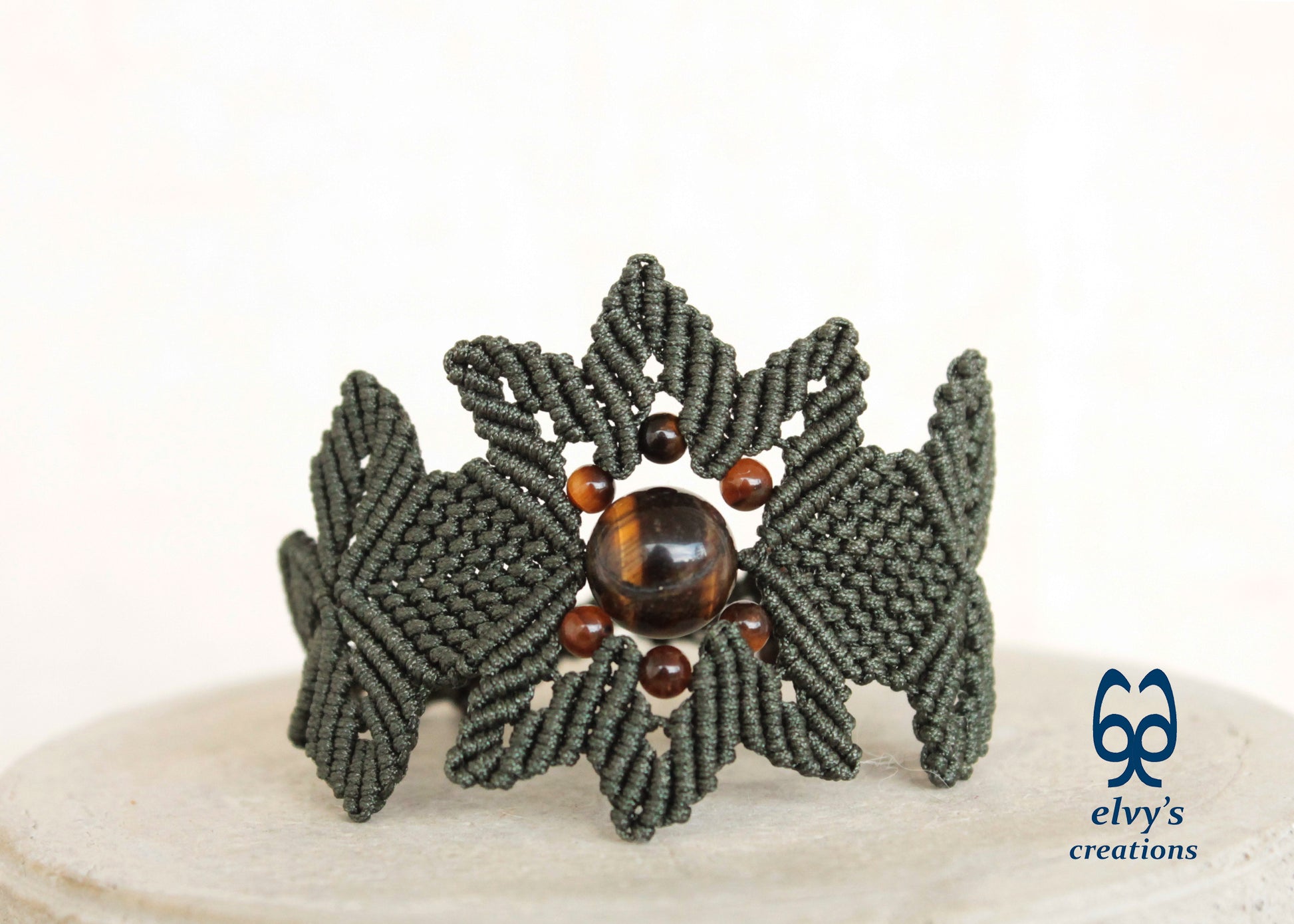 Green Macrame Bracelet Tiger's Eye Gemstones Adjustable Lace Bracelet Birthday Gift for Women