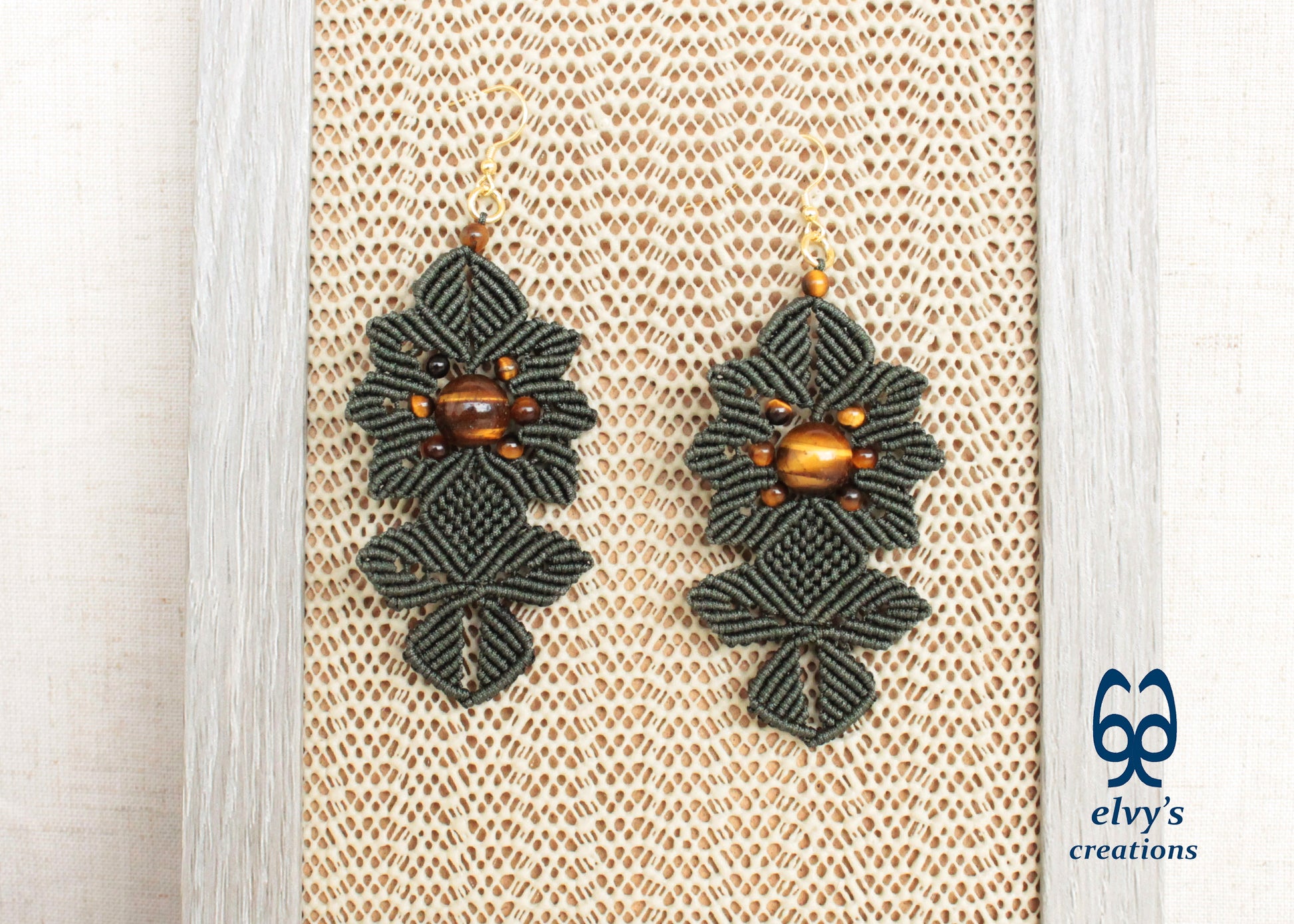 Green Macrame Earrings Tiger's Eye Gemstones Dangle Flower Earrings Green Lace Earrings Birthday Gift for Women