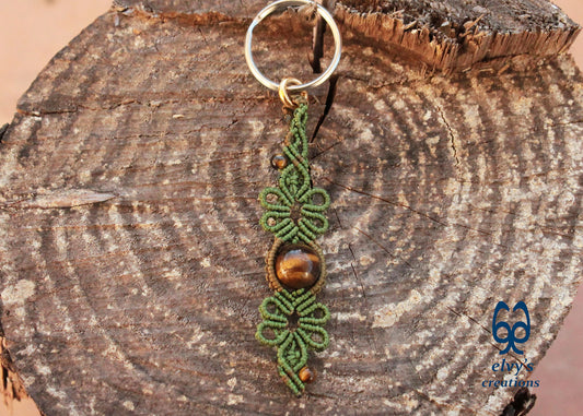 Green and Gold Macramé Key Chain with Tiger Eye Gemstone