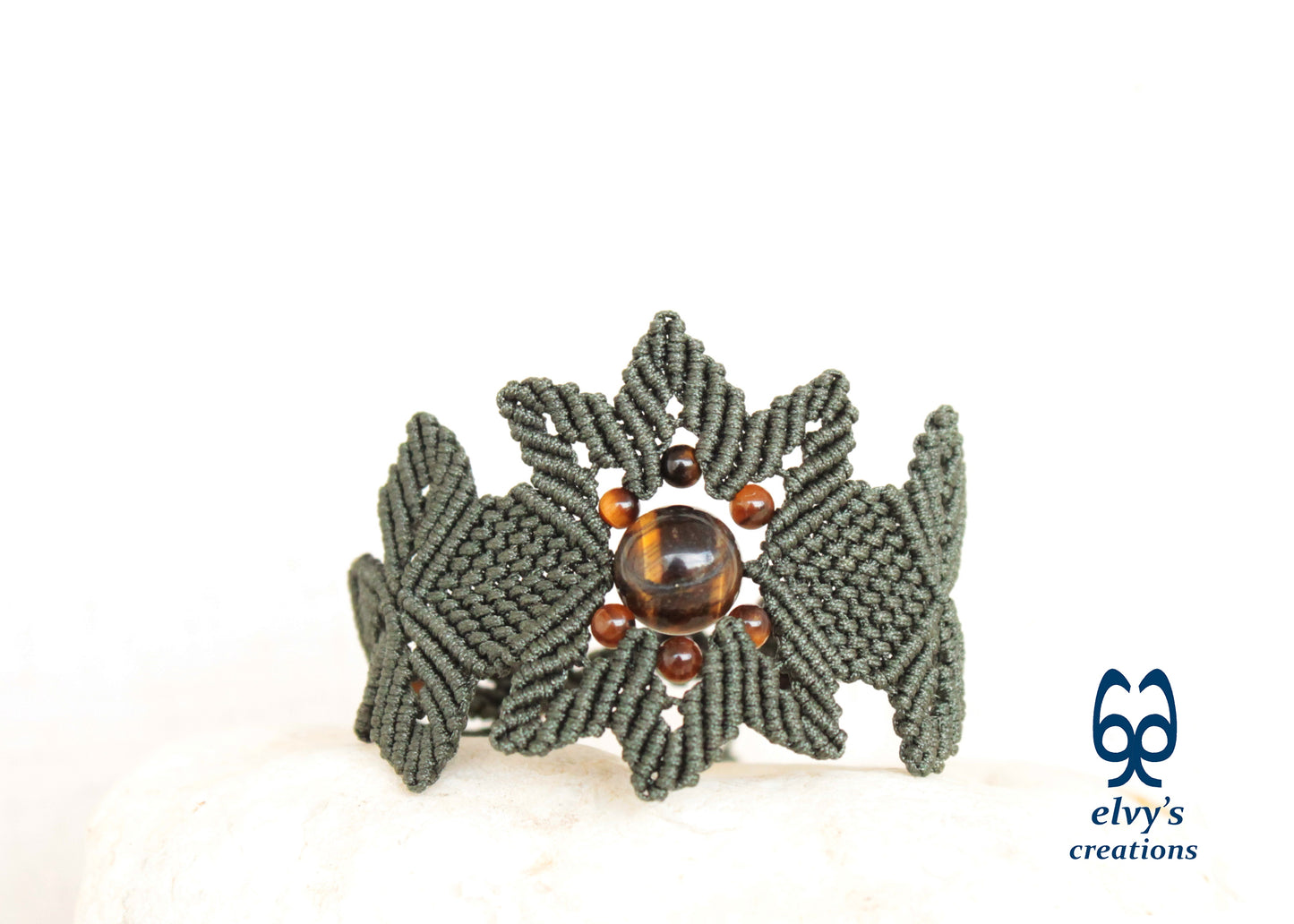 Green Macrame Bracelet Tiger's Eye Gemstones Adjustable Lace Bracelet Birthday Gift for Women