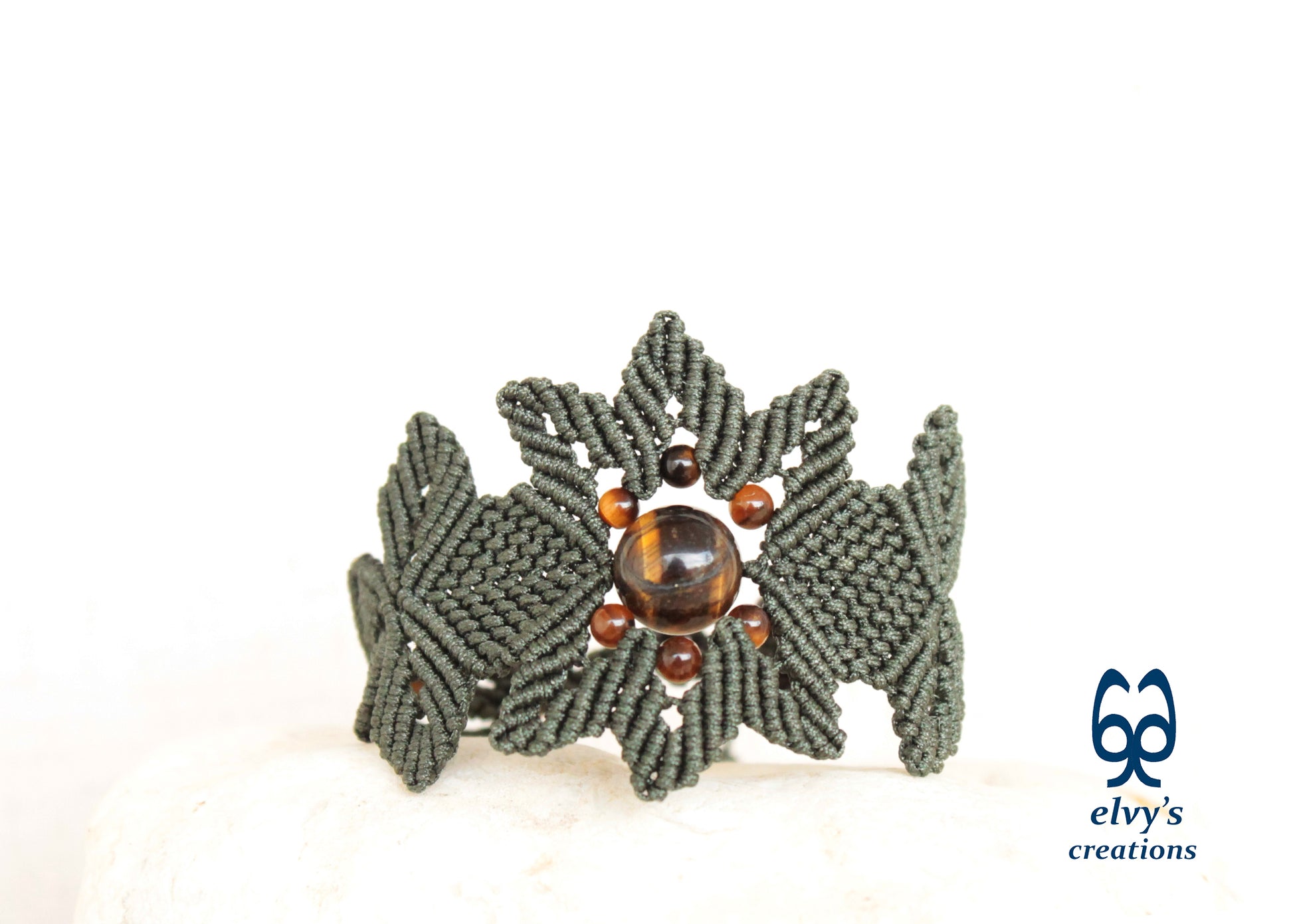 Green Macrame Bracelet Tiger's Eye Gemstones Adjustable Lace Bracelet Birthday Gift for Women