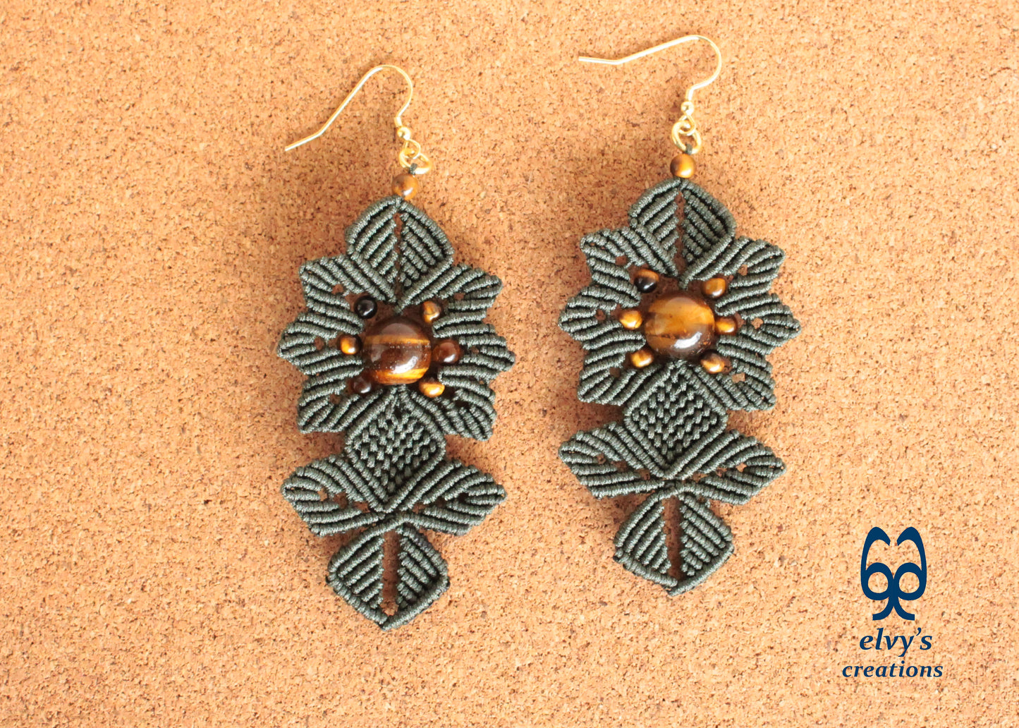Green Macrame Earrings Tiger's Eye Gemstones Dangle Flower Earrings Green Lace Earrings Birthday Gift for Women