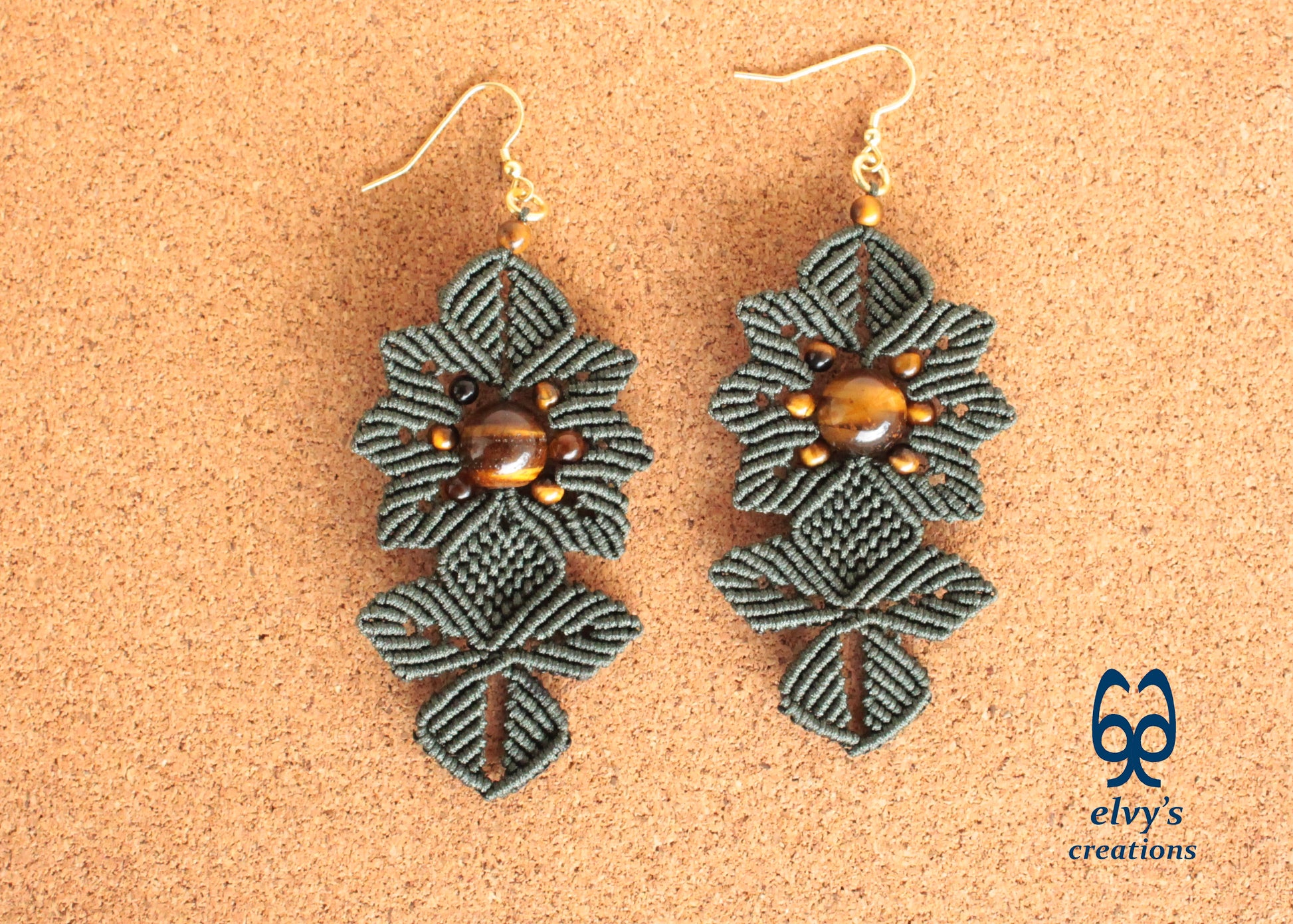Green Macrame Earrings Tiger's Eye Gemstones Dangle Flower Earrings Green Lace Earrings Birthday Gift for Women