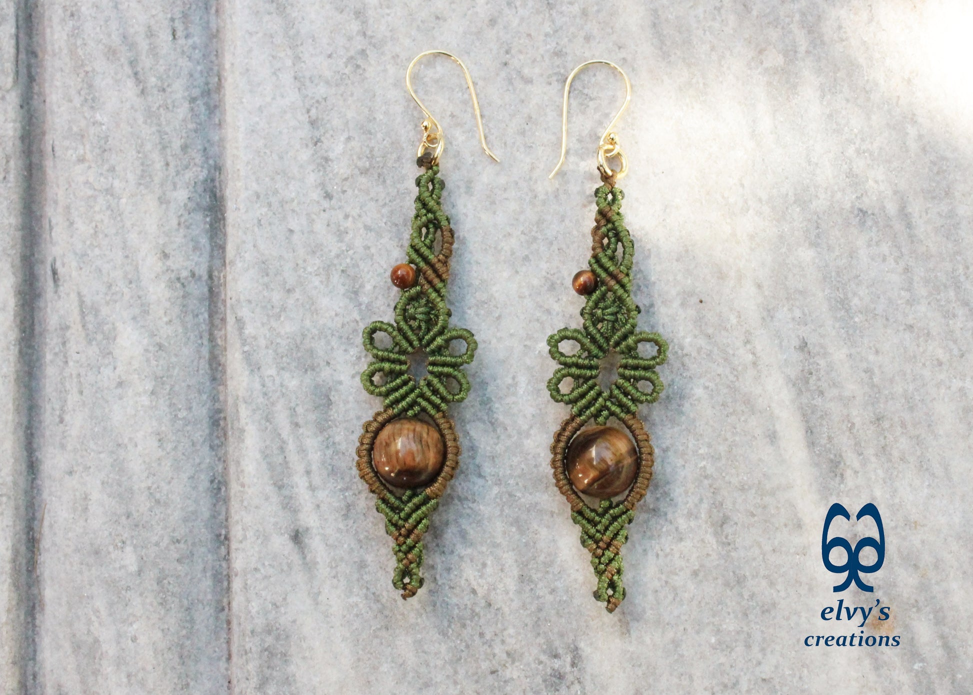 Green Macrame Earrings Gold Tiger Eye Gemstones Flower Dangle Lace Earrings Gift For Women