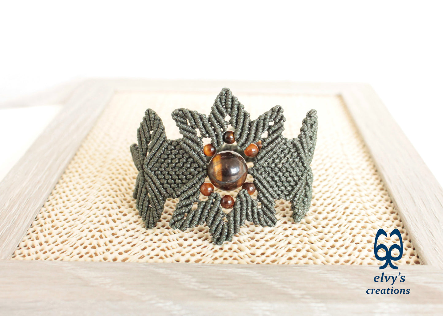 Green Macrame Bracelet Tiger's Eye Gemstones Adjustable Lace Bracelet Birthday Gift for Women