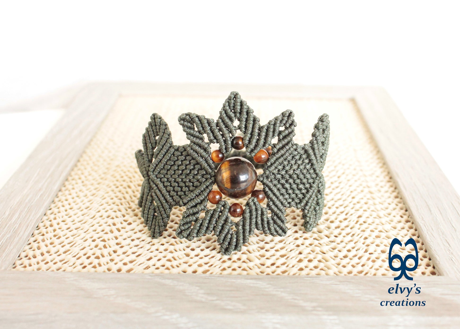 Green Macrame Bracelet Tiger's Eye Gemstones Adjustable Lace Bracelet Birthday Gift for Women