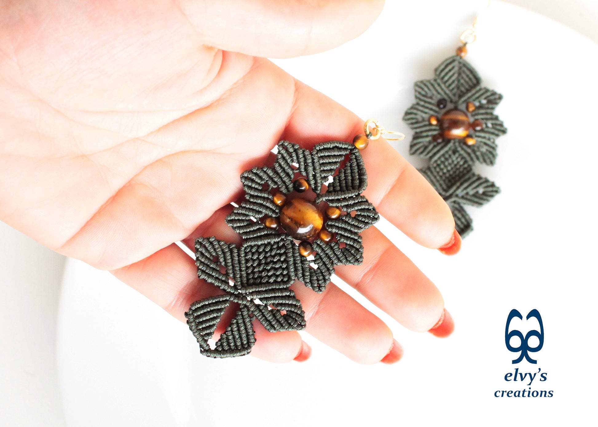 Green Macrame Earrings Tiger's Eye Gemstones Dangle Flower Earrings Green Lace Earrings Birthday Gift for Women