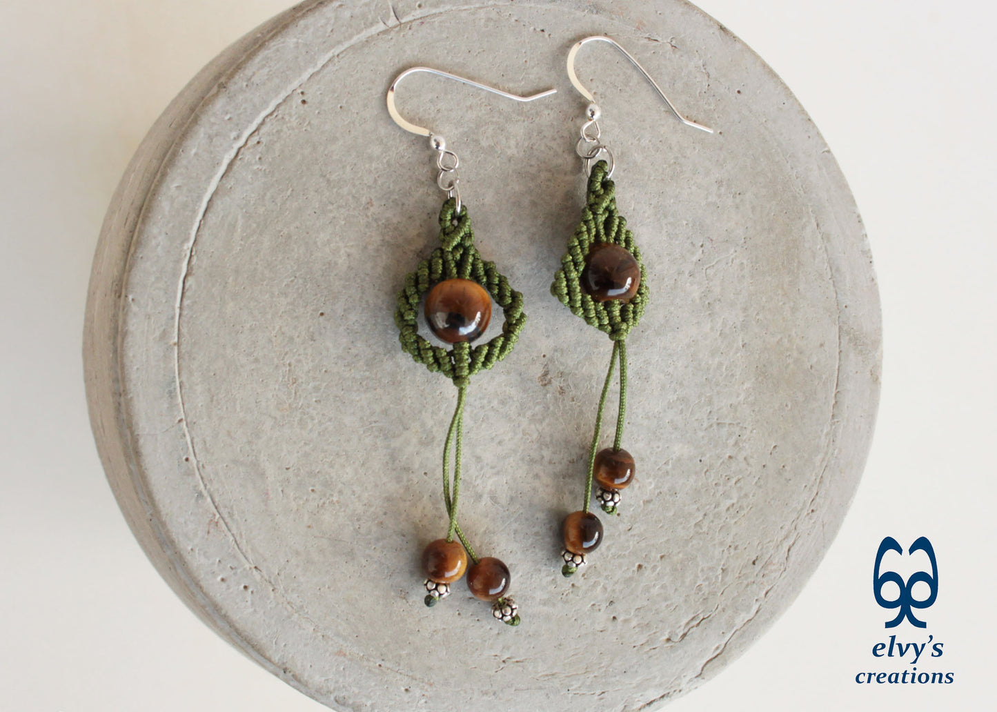 Handmade Green Macrame Earrings with Long Dangle Tiger Eye Gemstones