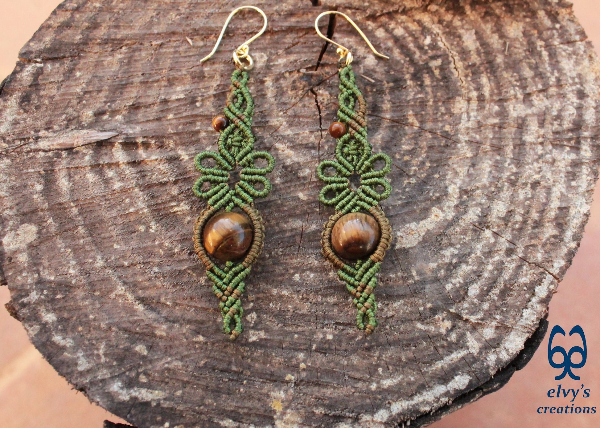 Green Macrame Earrings Gold Tiger Eye Gemstones Flower Dangle Lace Earrings Gift For Women