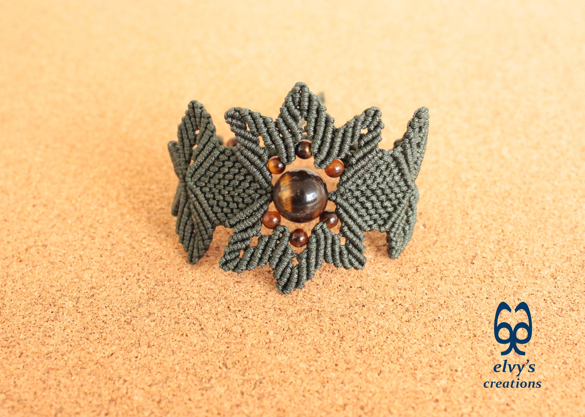 Green Macrame Bracelet Tiger's Eye Gemstones Adjustable Lace Bracelet Birthday Gift for Women