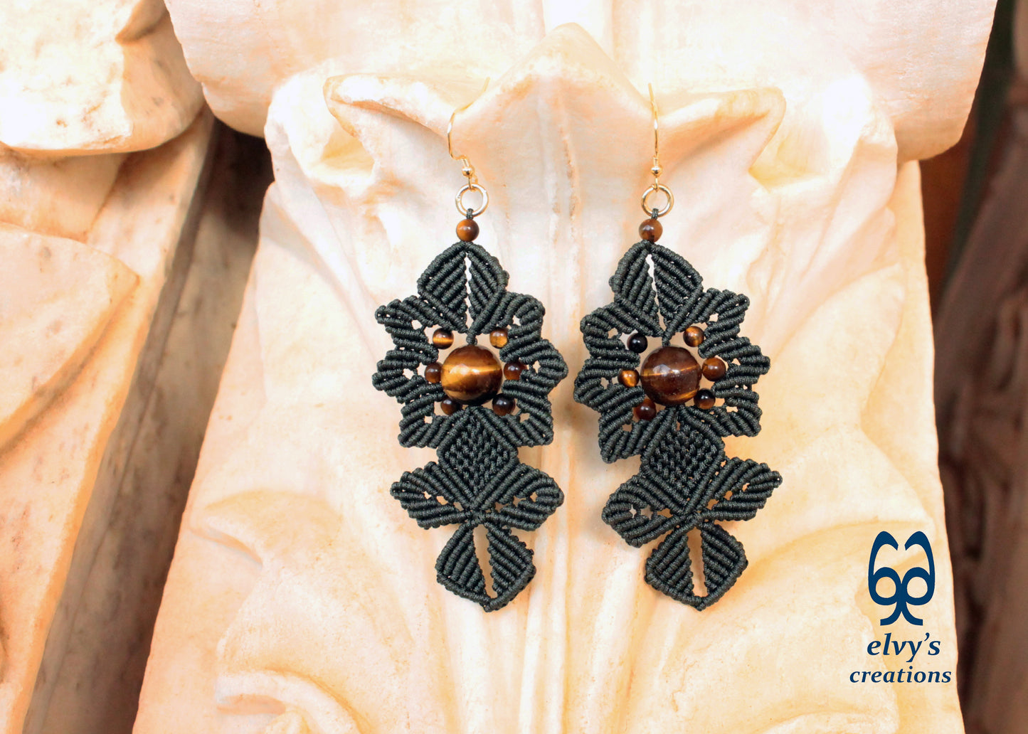 Green Macrame Earrings Tiger's Eye Gemstones Dangle Flower Earrings Green Lace Earrings Birthday Gift for Women